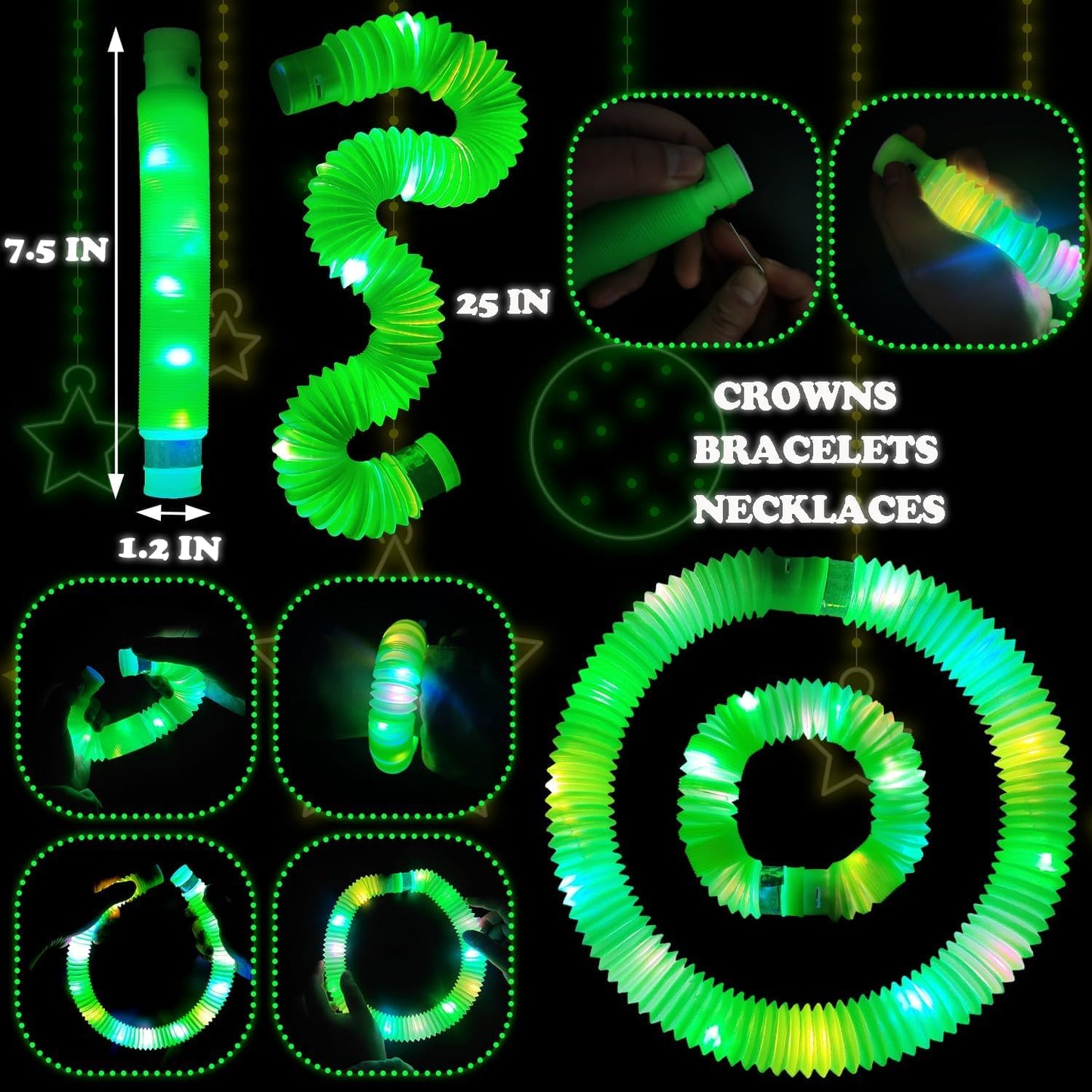 12-24 PCS Green Glow Sticks Christmas Party Favors for Kids,LED Light up Pop Tubes for Toddlers,Neon Necklaces Bracelets Accessories,Glow New Year Eve Party Supplies Birthday Dance Camping Decorations