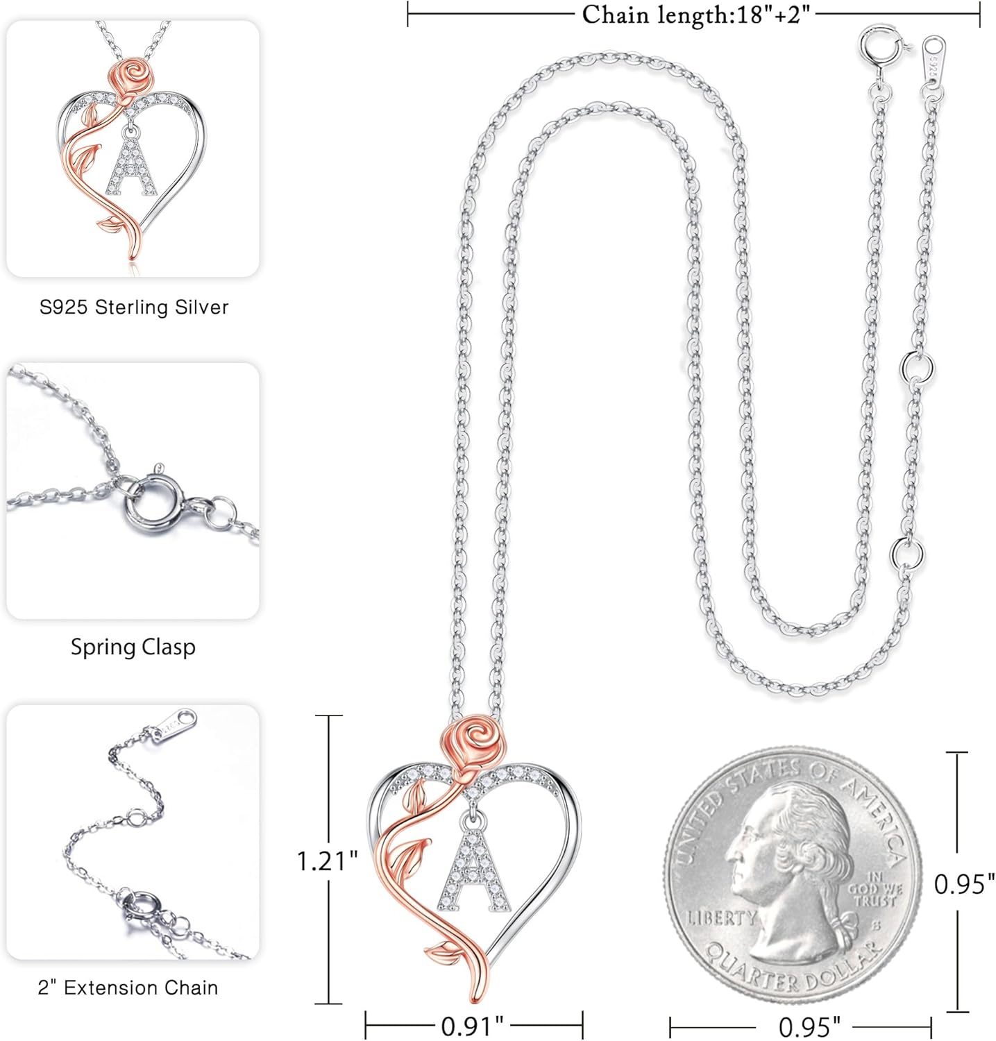 Iefil Christmas Gifts for Women Wife - 925 Sterling Silver Rose Heart Initial Necklace, Anniversary Birthday Gifts for Women, Jewelry Gift for Her Wife Girlfriend Mom Daughter