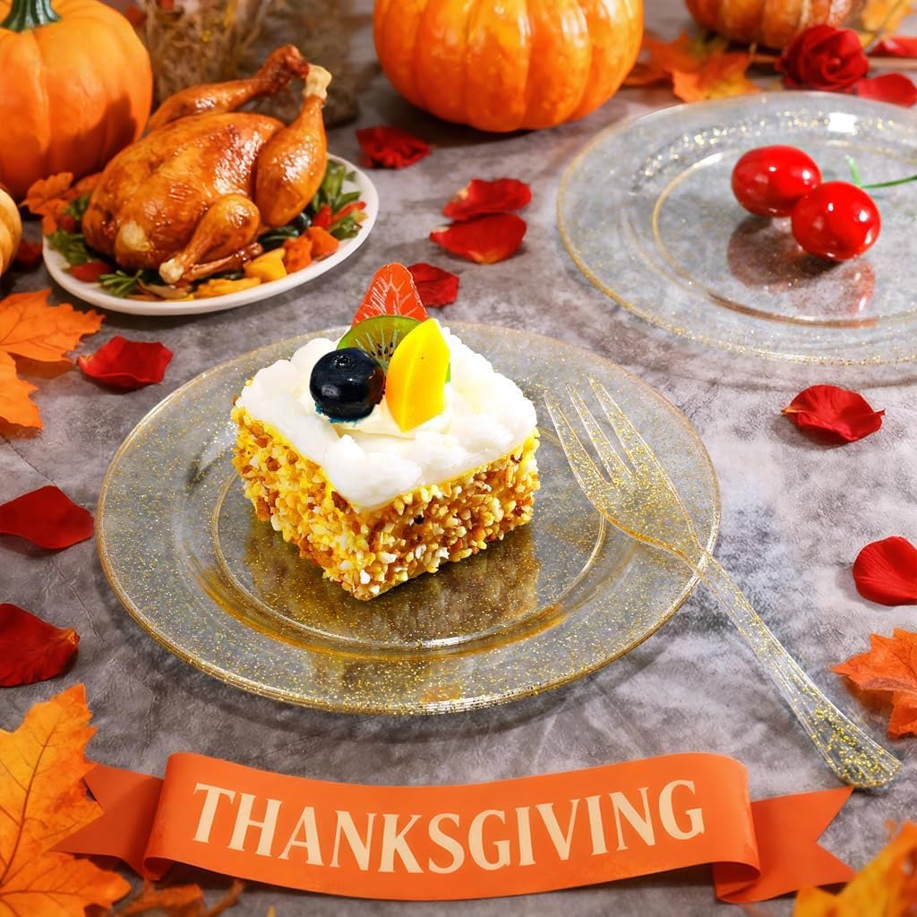 WELLIFE 120 Guests Gold Glitter Plastic Plates and Dessert Forks, 6.5 inch Disposable Dessert Plates, Durable Plastic Small Forks, Perfect for Catering, Parties &Weddings, regular