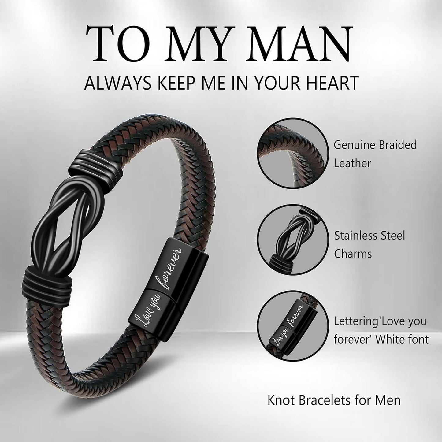 𝗞𝗻𝗼𝘁 𝗕𝗿𝗮𝗰𝗲𝗹𝗲𝘁 𝗚𝗶𝗳𝘁𝘀 𝗳𝗼𝗿 𝗠𝗲𝗻 Brown Braided Leather Stainless Steel Infinity Bracelets Lettering Love You Forever Gifts for Son Grandson Husband Boyfriend Brother Always Linked Together