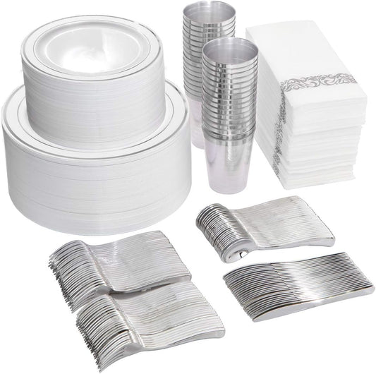I00000 700 Piece Silver Dinnerware Set for 100 Guests-100 Dinner Plates, 100 Dessert Plates, 100 Disposable Cups 10 oz, 100 Paper Napkins, 100 Plastic Silverware Set Perfect for Party & Wedding
