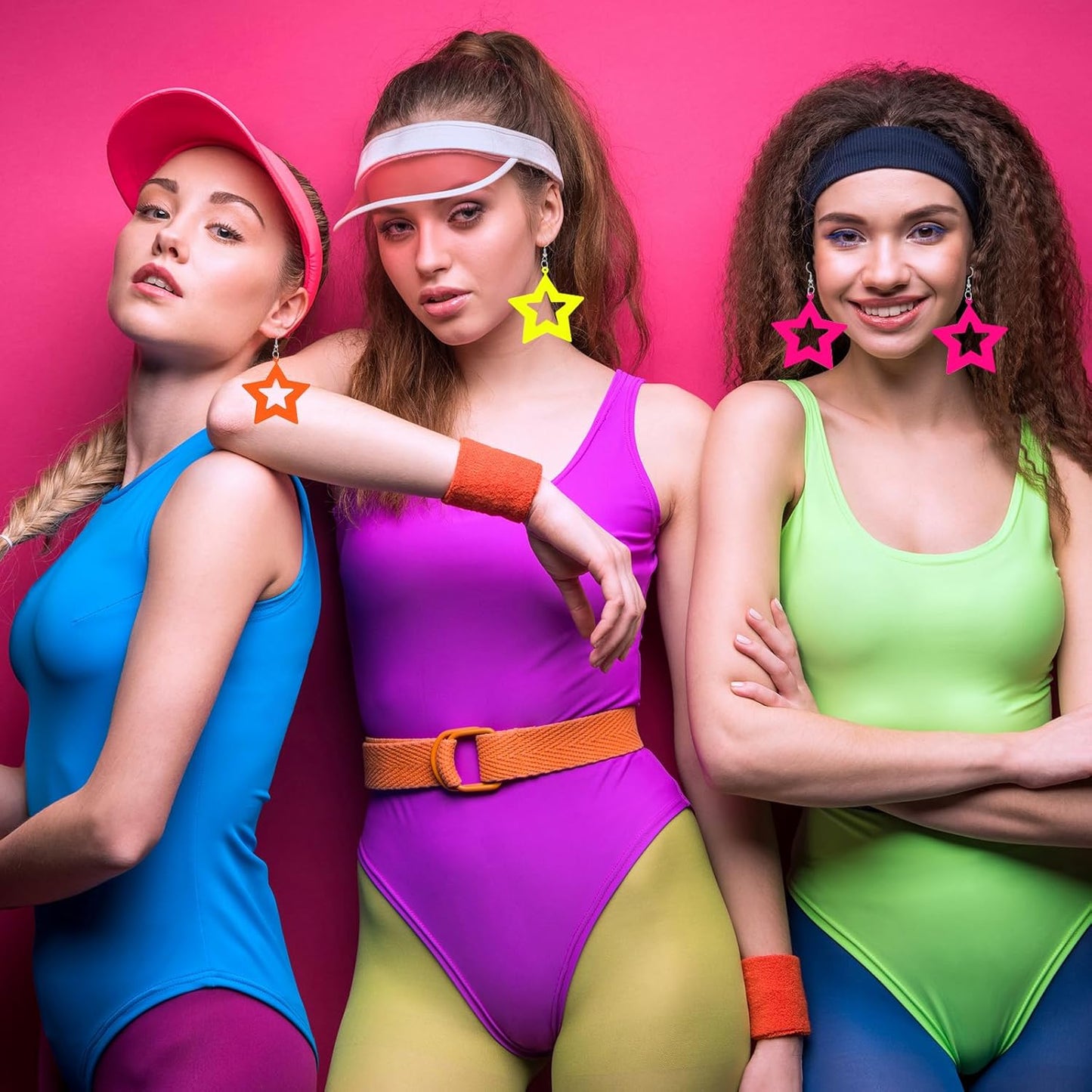 4 Pairs 80s 90s Neon Star Earrings for Women, Circular Drop Oval Jewelry Acrylic Retro Neon Dangle Earring for Costume Dancing Glow Party Outfit Accessories (Orange, Yellow, Green, Rose Red)