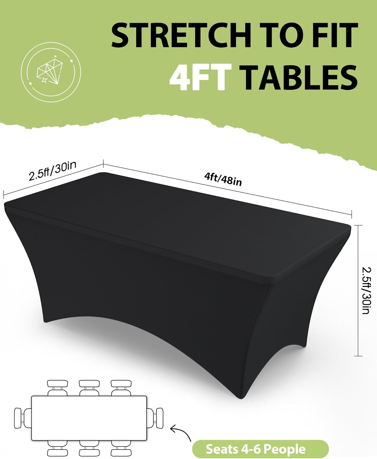 Pureegg Spandex Tablecloth 4ft - 6 Pack, Fitted and Stretch Table Cover for Rectangle Tables, Wrinkle-Resistant and Secure Fabric for Outdoor, Picnic, Party, Wedding, Banquet and Birthday, Black