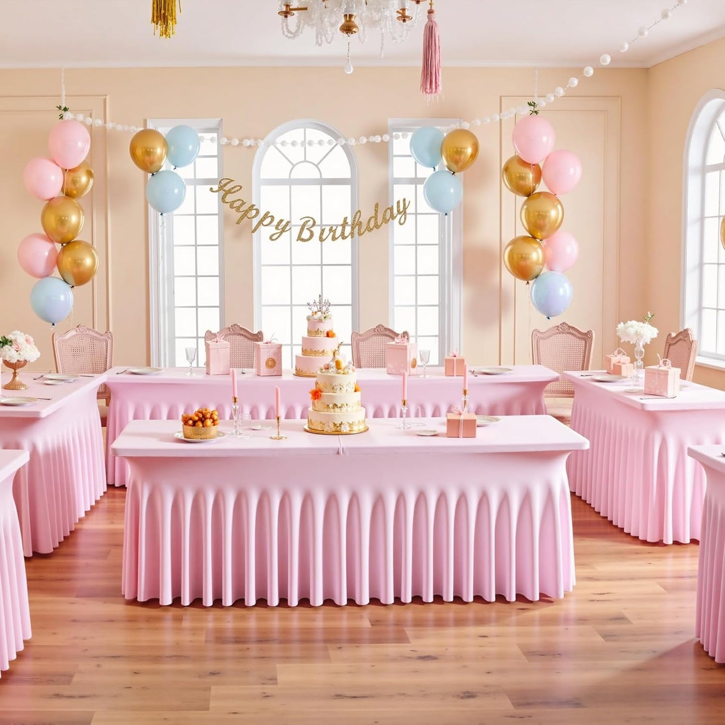 NSSONBEN 6 pk Baby Pink Spandex Tablecloth 6ft with Ruffle Table Skirt, Wrinkle Free Stretchy Fitted Tablecloths for 6 Foot Rectangle Tables, Elastic Spandex Table Covers for Weddings Parties Banquet