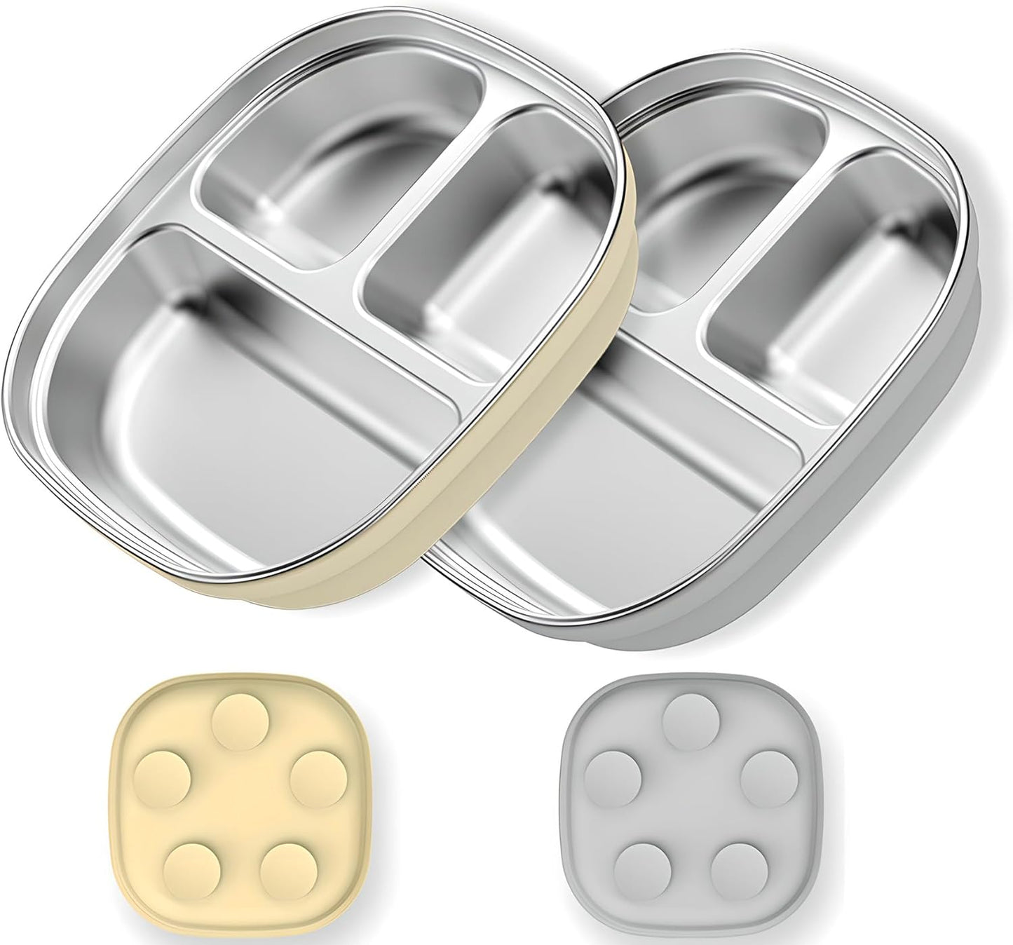 Stainless Steel Toddler Plates with Suction | Non-Slip Divided Baby Plates BPA Free & Non Toxic | Detachable Silicone Base| Dishwasher Safe | Unbreakable Kids Dinnerware 2-pack(yellow + grey)