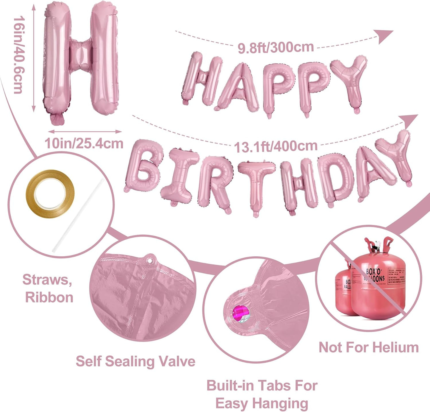 LIOZEOKUN Happy Birthday Balloon Letters 16 inch Mylar Foil Birthday Balloons Banner Sign for Birthday Party Decorations Supplies (Light pink)