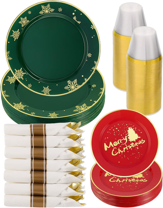 Goodluck 175 Piece Christmas Plates Sets for 25 Guests, Christmas Tableware Disposable for Party, Include 50Plates, 25Pack Pre Rolled Napkins with Silverware, 25Cups for Party, Wedding, Graduation