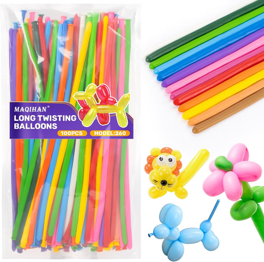 MAQIHAN 100 Long Balloons for Balloon Animals - 260 Long Skinny Balloons for Tying Balloon Arch Assorted Colors Globos Largos Clown Latex Twisting Birthday Wedding Carnivals Party Decoration