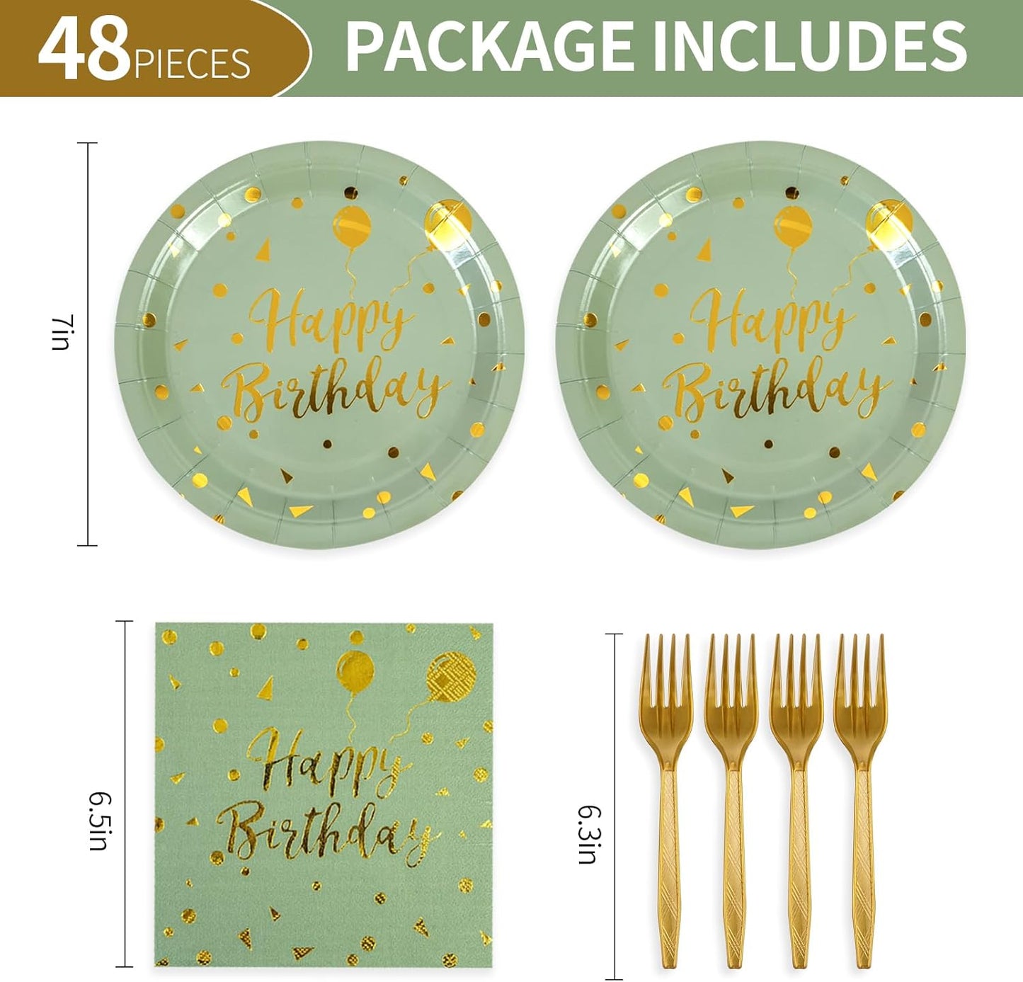 48PCS Happy Birthday Plates and Napkins Party Supplies, Sage Green and Gold Disposable Paper Plates and Napkins with Forks Tableware Set for Birthday Party Decorations 16 Guests (Sage Green)