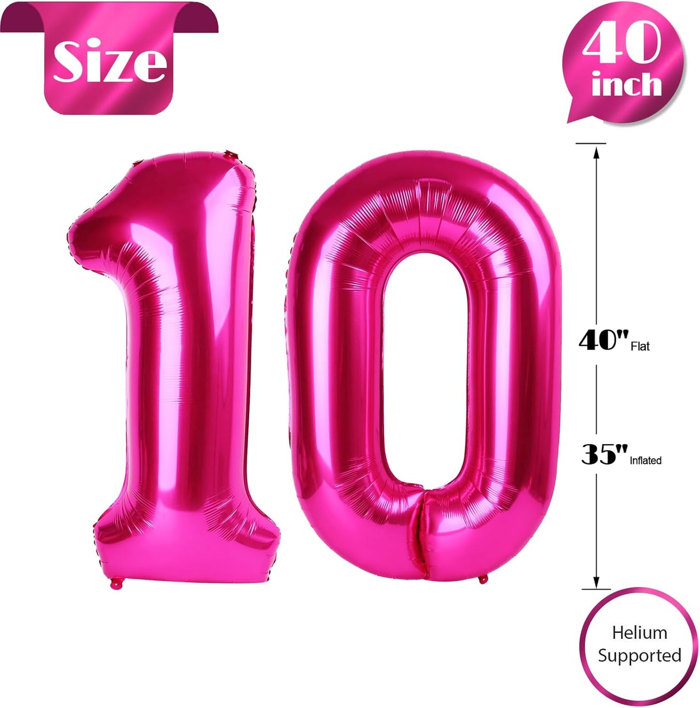 Hot Pink Number 10 Balloons 40 inch, 10 Number Balloons, 10th Birthday Decorations for Girls 10 Year Old Hot Pink Party Supplies