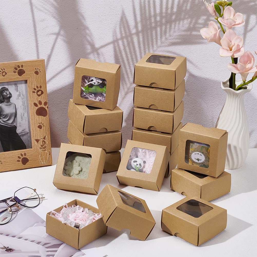 BENECREAT 20 PCS Brown Kraft Paper Box with Transparent Window, 3.15x3.15x1.57inch Square Kraft Paper Gift Box, For Wedding Party Gifts, Jewellery Packaging