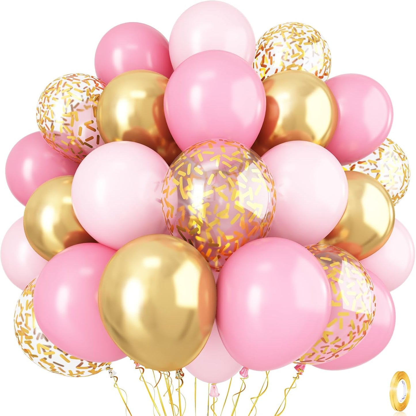 Pink Gold Balloons Set, 12 Inch Matte Pink Pastel Baby Pink Metallic Gold Confetti Latex Balloons for Girls Women, Pink Gold Party Balloons for Birthday Baby Bridal Shower Wedding Party Decorations