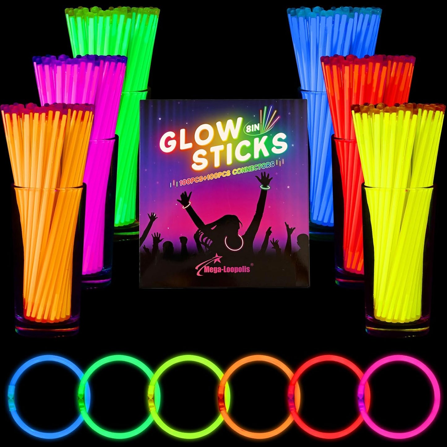 Mega-L 100 PCS Bright Glow Sticks Bulk - Halloween Glow in the Dark Party Supplies, 8" Glowsticks Easter Party Favors with Bracelets and Necklaces Light Sticks Bulk Party Favors for Kids or Adult