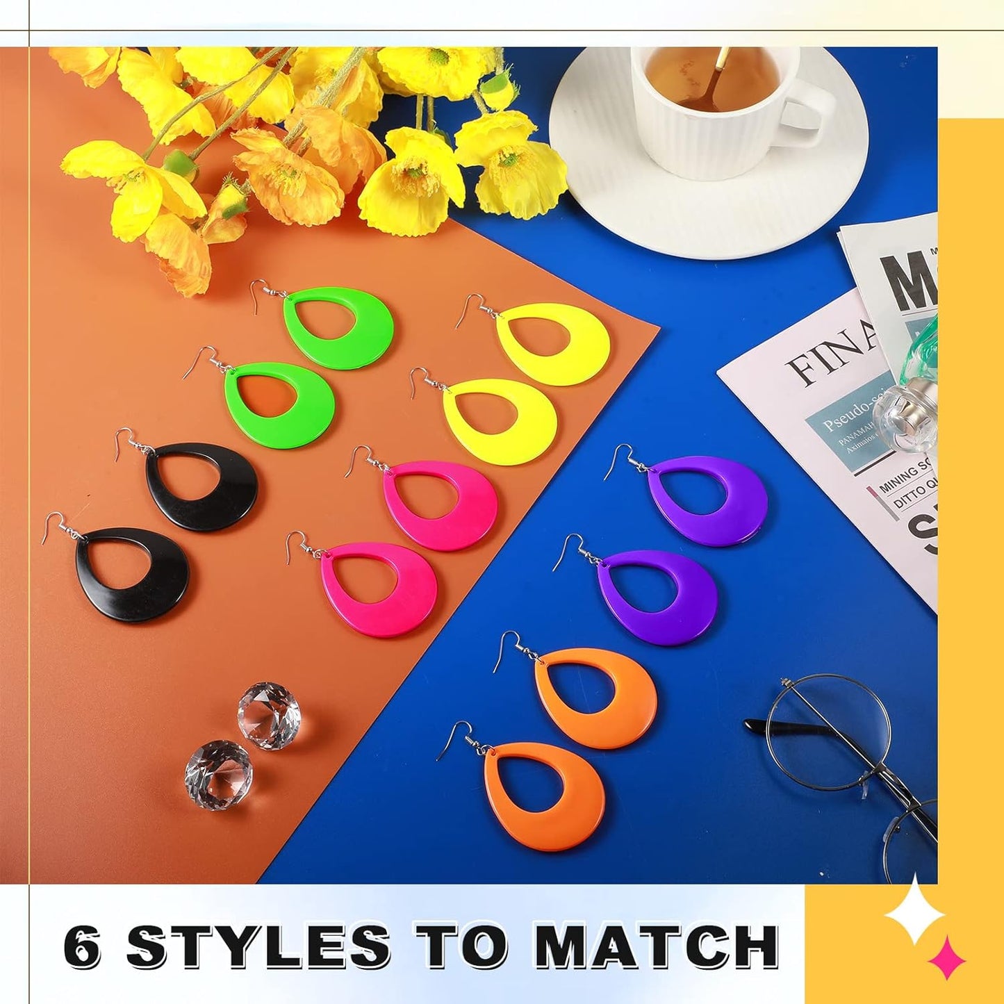 Yinkin 6 Pairs 80s 90s Neon Earrings Lightning Earrings for Women Halloween Costume Party Dancing Glow Party Accessory