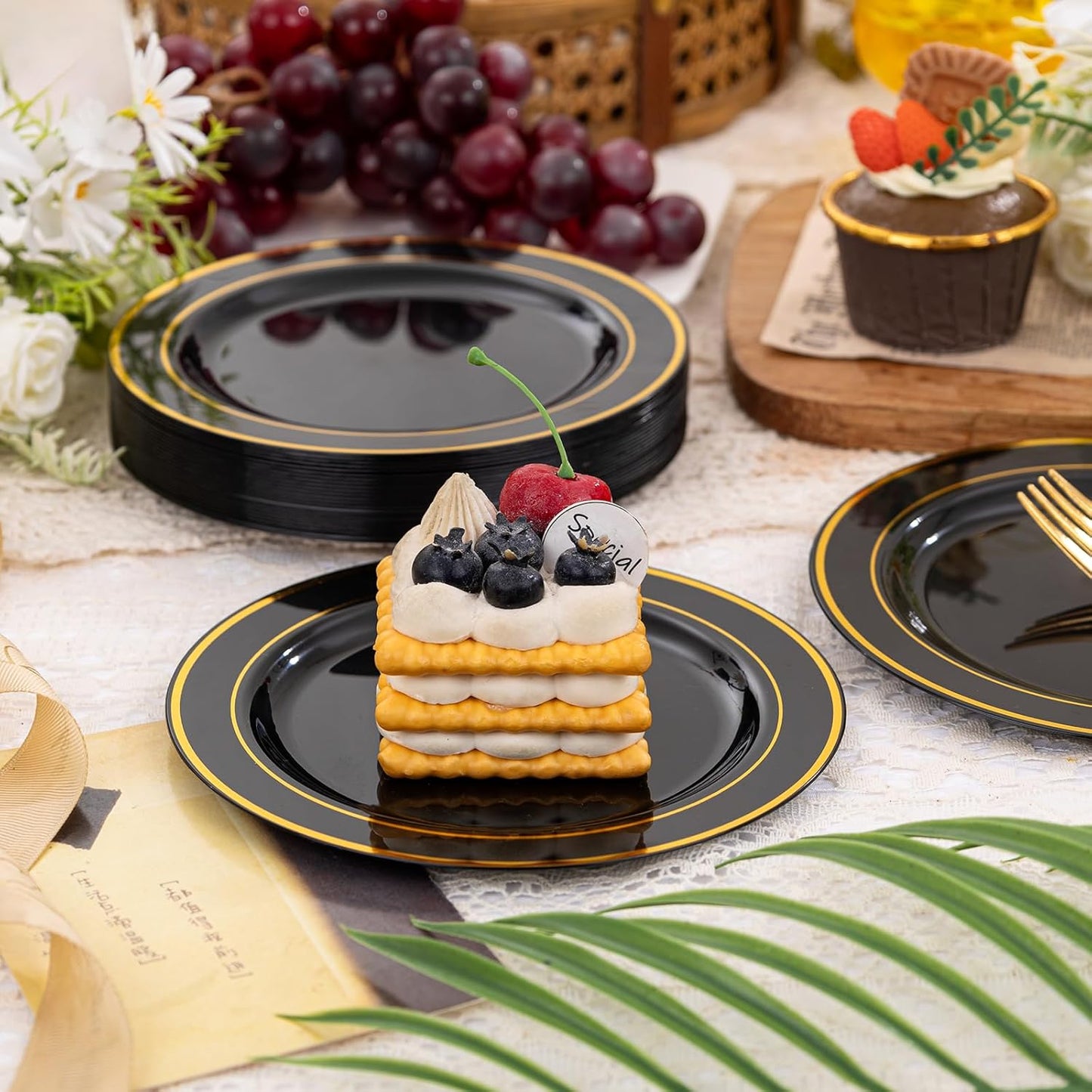 bUCLA 100PCS Black and Gold Plastic Plates - 6.25 inch Black Gold Premium Hard Disposable Dessert/Salad/Appetizer/Small Cake Plates for Party, Graduation & New year