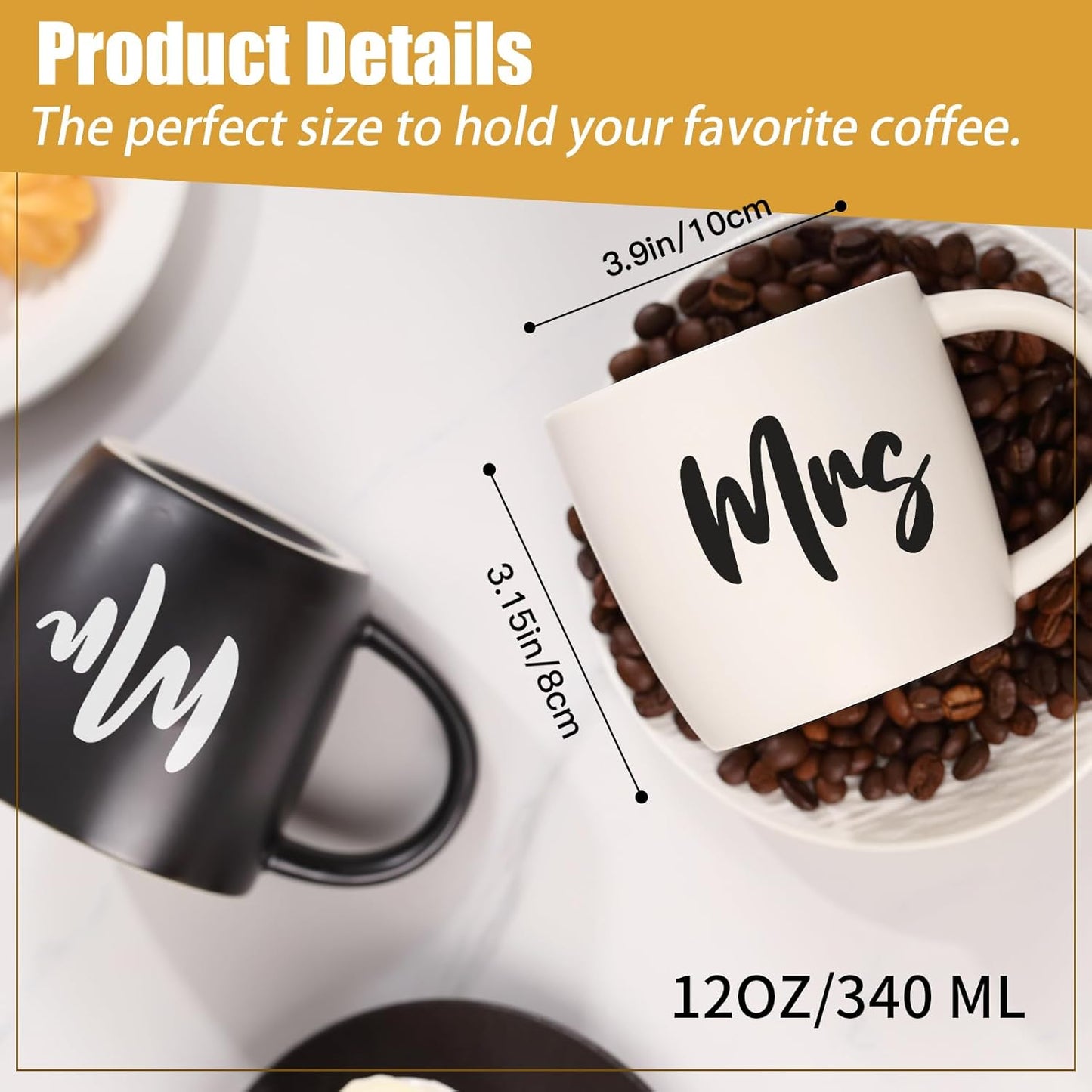 12 oz Mr and Mrs Mug, Ceramic Coffee Mug for the Couple, Ideal Gift for Engagement, Anniversary, His and Hers, Bride and Groom,Wedding Gifts for Couples 2025 - Set of 2 (Black & White)