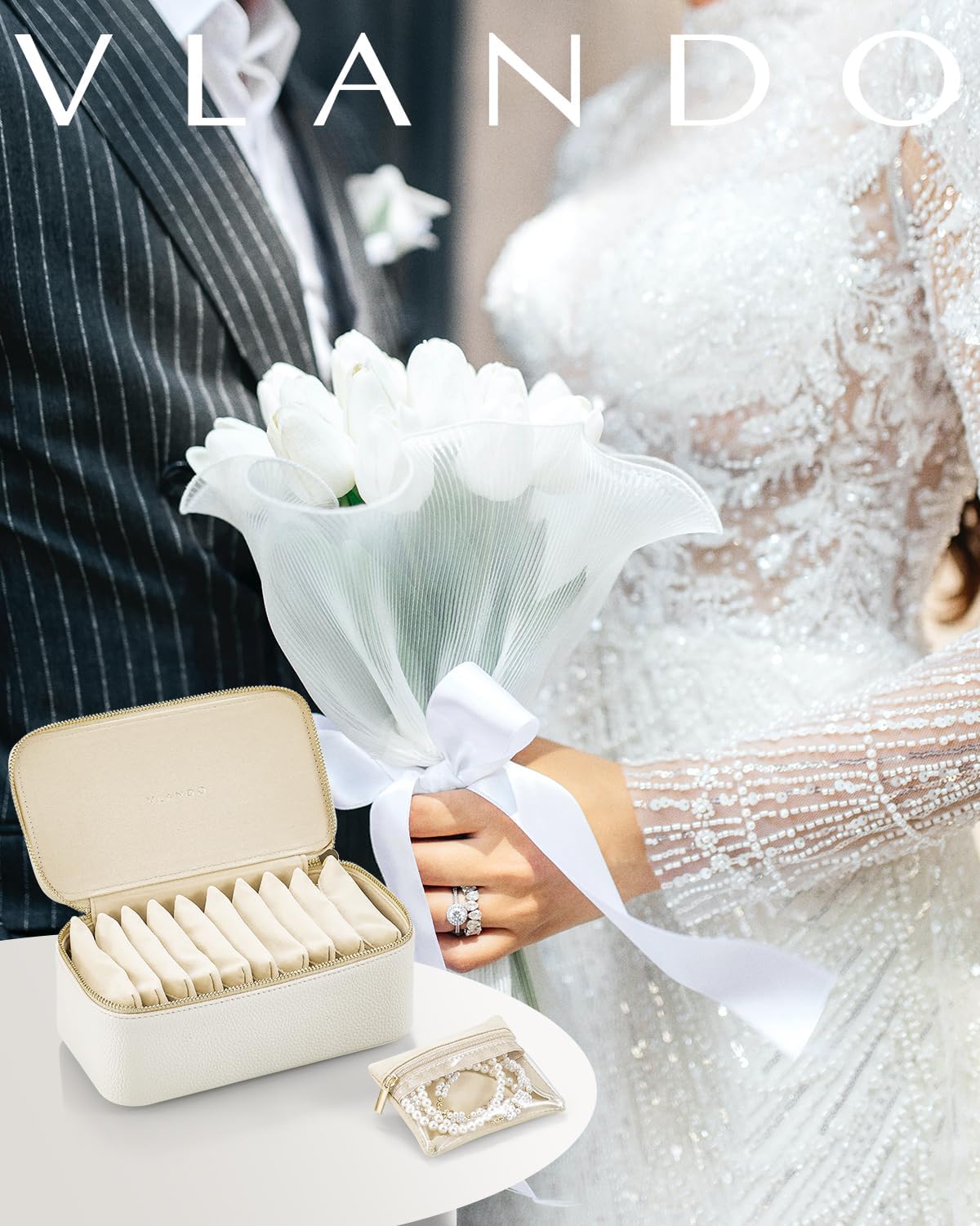 Vlando Travel Jewelry Case,Jewelry Box with 12 Velvet Jewelry Pouch Jewelry Travel Organizer for Women Girl Jewelry Case Necklace Rings Earrings Bags Wedding Gifts (White)