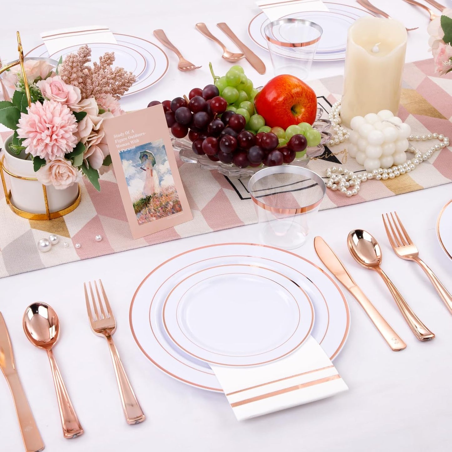 GATHER 350PCS Rose Gold Plastic Plates - Disposable Rose Gold Dinnerware Sets Includes 100 Gold Rimmed Plastic Plates, 150 Silverware, 50 Napkins, 50 Cups for Party, Wedding