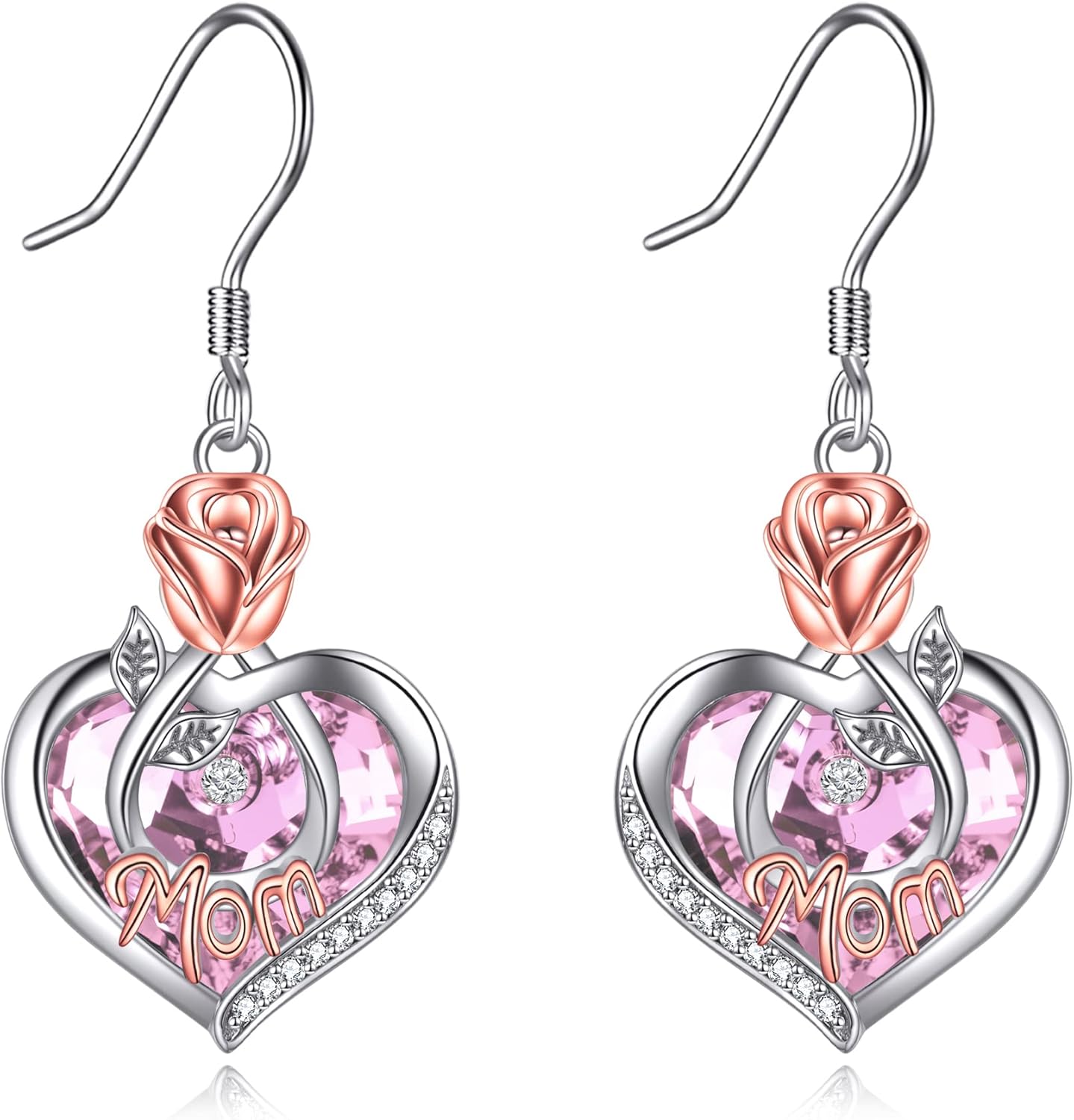 Mom Earrings with Rose Flower Love Heart 925 Sterling Silver Crystal Dangle Drop Hook Earrings Jewelry