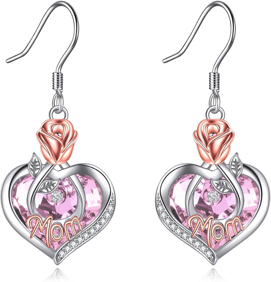 Mom Earrings with Rose Flower Love Heart 925 Sterling Silver Crystal Dangle Drop Hook Earrings Jewelry