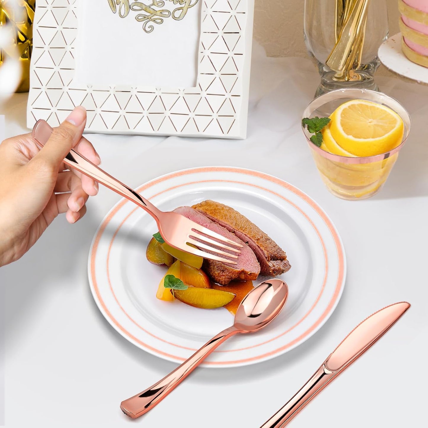 JIURUN 150PCS Rose Gold Plastic Plates Set for 25 Guests, Disposable Dinnerware Set of 25 Dinner, 25 Cups & Champagne Flutes Cups, 25 Spoons, Forks & 25 Knives for Birthday, Wedding & Party Supplies