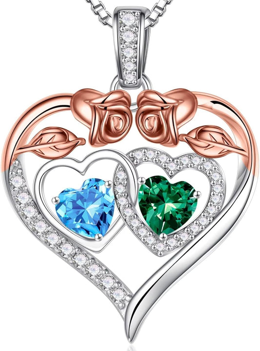 Iefil Double Birthstone Necklace Gifts for Wife Girlfriend Her Women, Birthstone Jewelry Gemstone Valentines Birthday Gifts for Her Women Wife Mom Grandma