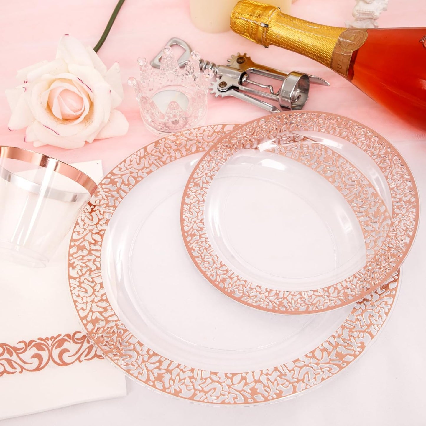 I00000 50 Guests Clear Rose Gold Plastic Plates - Disposable Dinnerware Set Includes: 100 Clear Rose Gold Plastic Plates, 150 Silverware, 50 Napkins, 50 Cups Perfect for Party & Wedding