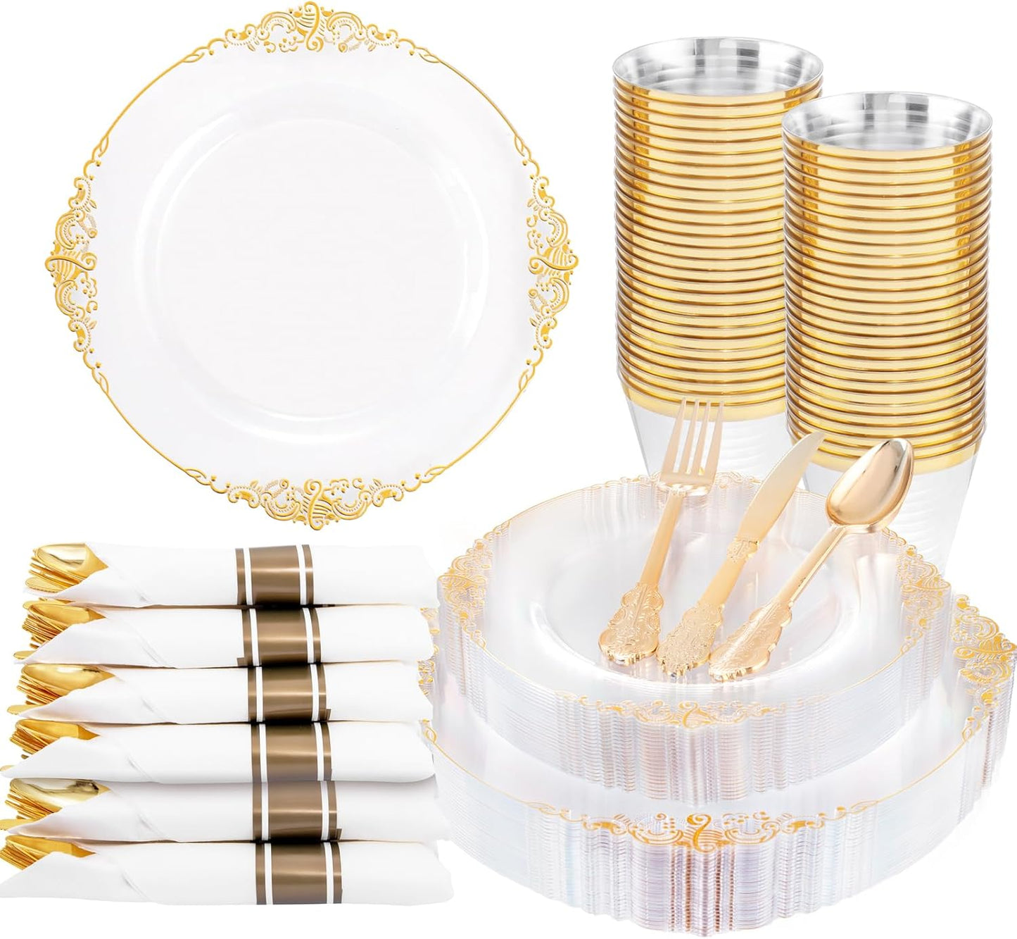 Nervure 175PCS Clear Gold Plastic Plates - Disposable Gold Party Plates & Pre Rolled Napkins with Cutlery for 25 Guests, 50Plates, 75Silverware, 25Cups, 25Napkin for Wedding & Party & Thanksgiving
