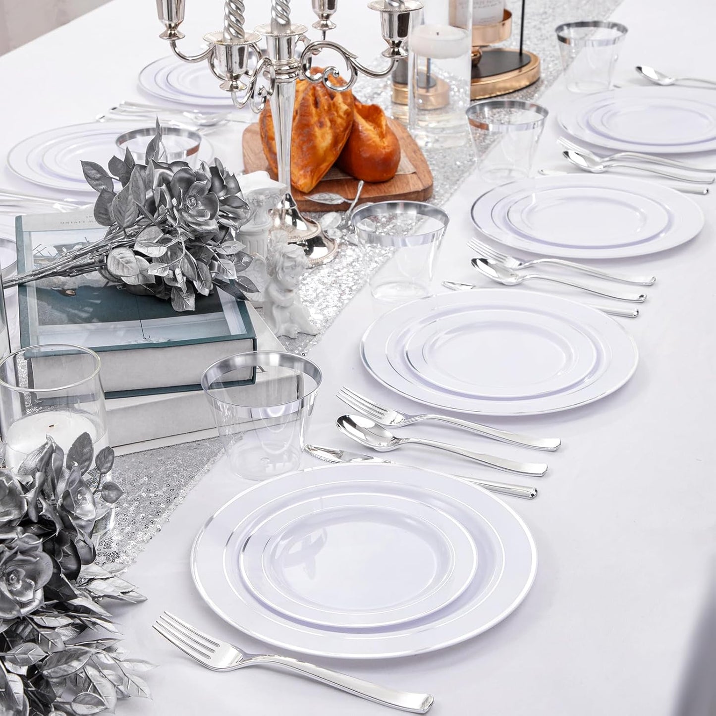 WELLIFE 300Pcs Silver Elegant Plastic Dinnerware Set for 50 Guests - Premium Disposable Party Supplies Includes Dinner Plates, Salad Plates, Cups & Flatware Set for Wedding, Anniversary, Banquet