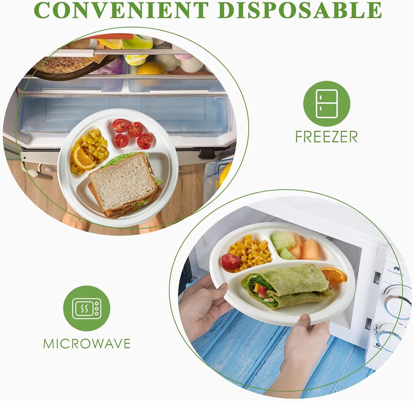 Vplus 100% Compostable Paper Plates, 500 Pack 10 Inch 3 Compartment Plates Disposable, Heavy Duty Biodegradable, Made of Sugar Cane Fibers, for Daily meals, Dinner, Parties, BBQ