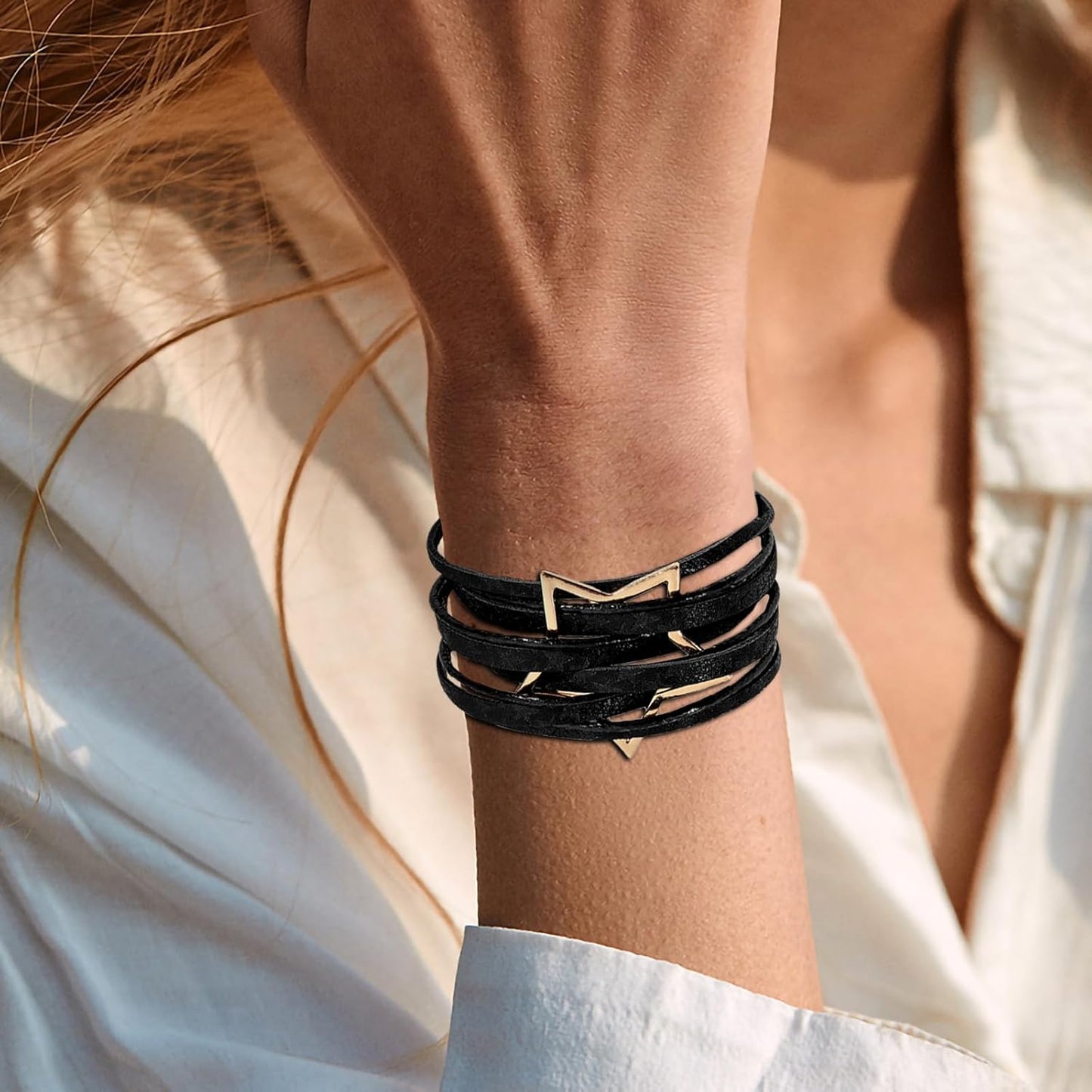 Fesciory Leopard Bracelet for Women, Boho Leather Wrap Multi-Layer Pearl Crystal Bracelet Bangle Jewelry