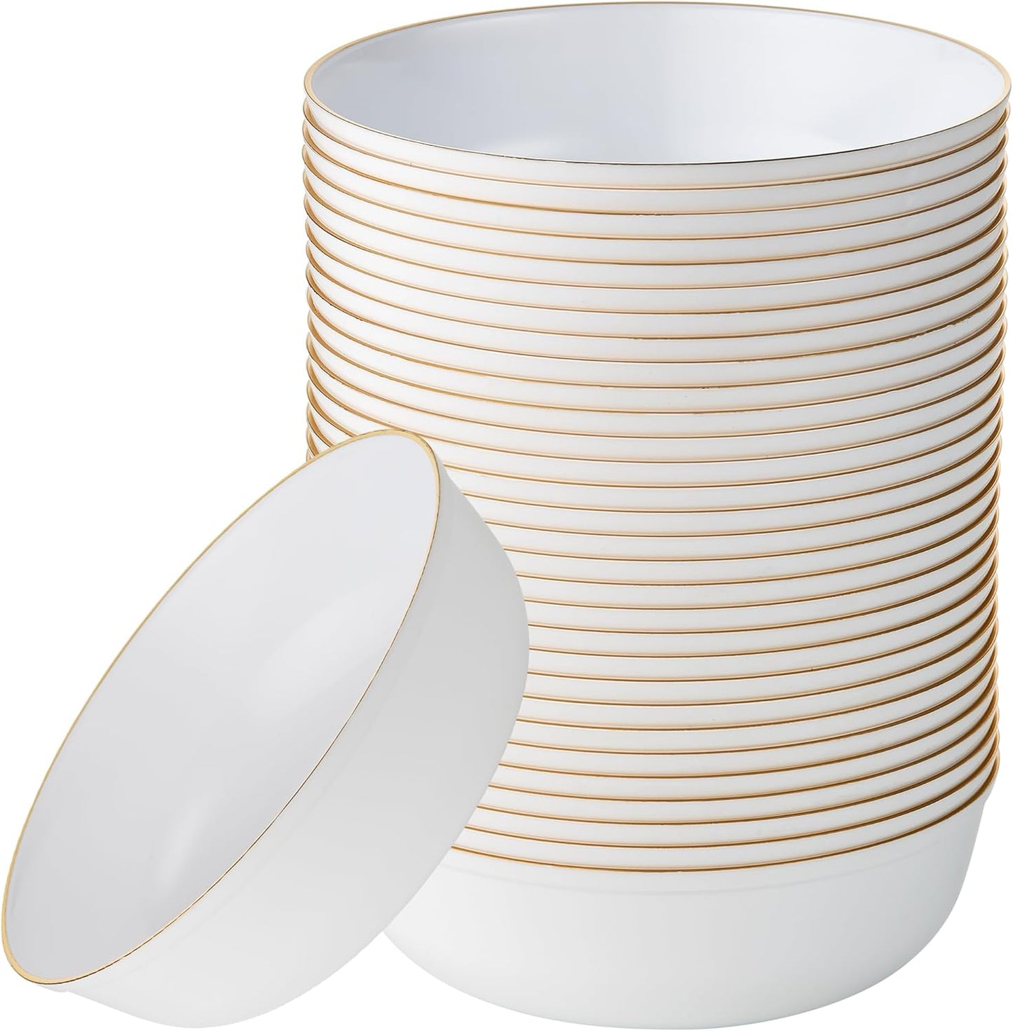 [30 Pack 16 OZ Bowls] Edge Collection White with Gold Rim Plastic Party Soup Bowls Premium heavyweight Elegant Disposable Tableware Dishes
