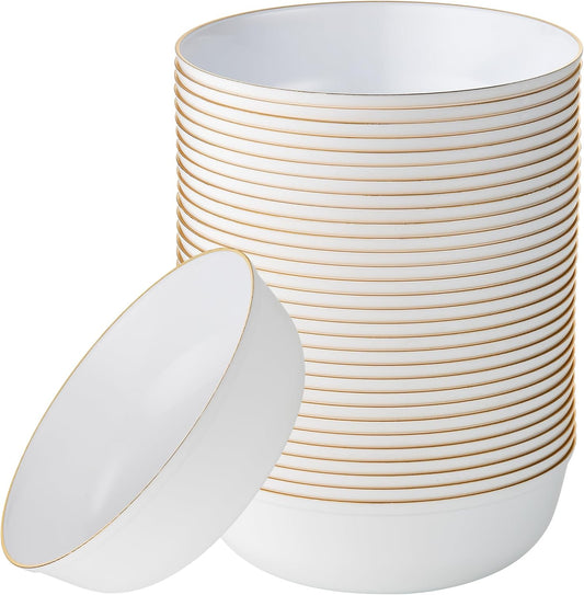 [30 Pack 16 OZ Bowls] Edge Collection White with Gold Rim Plastic Party Soup Bowls Premium heavyweight Elegant Disposable Tableware Dishes