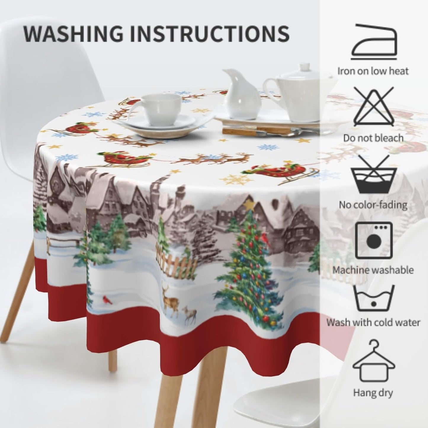 Giwawa 60in Christmas Round Tablecloth Santa Claus Sleigh Reindeer Table Cover Xmas Tree Winter Snowflakes Stain Resistant Waterproof Table Cloth for Kitchen Dining Holiday Indoor Outdoor Decor