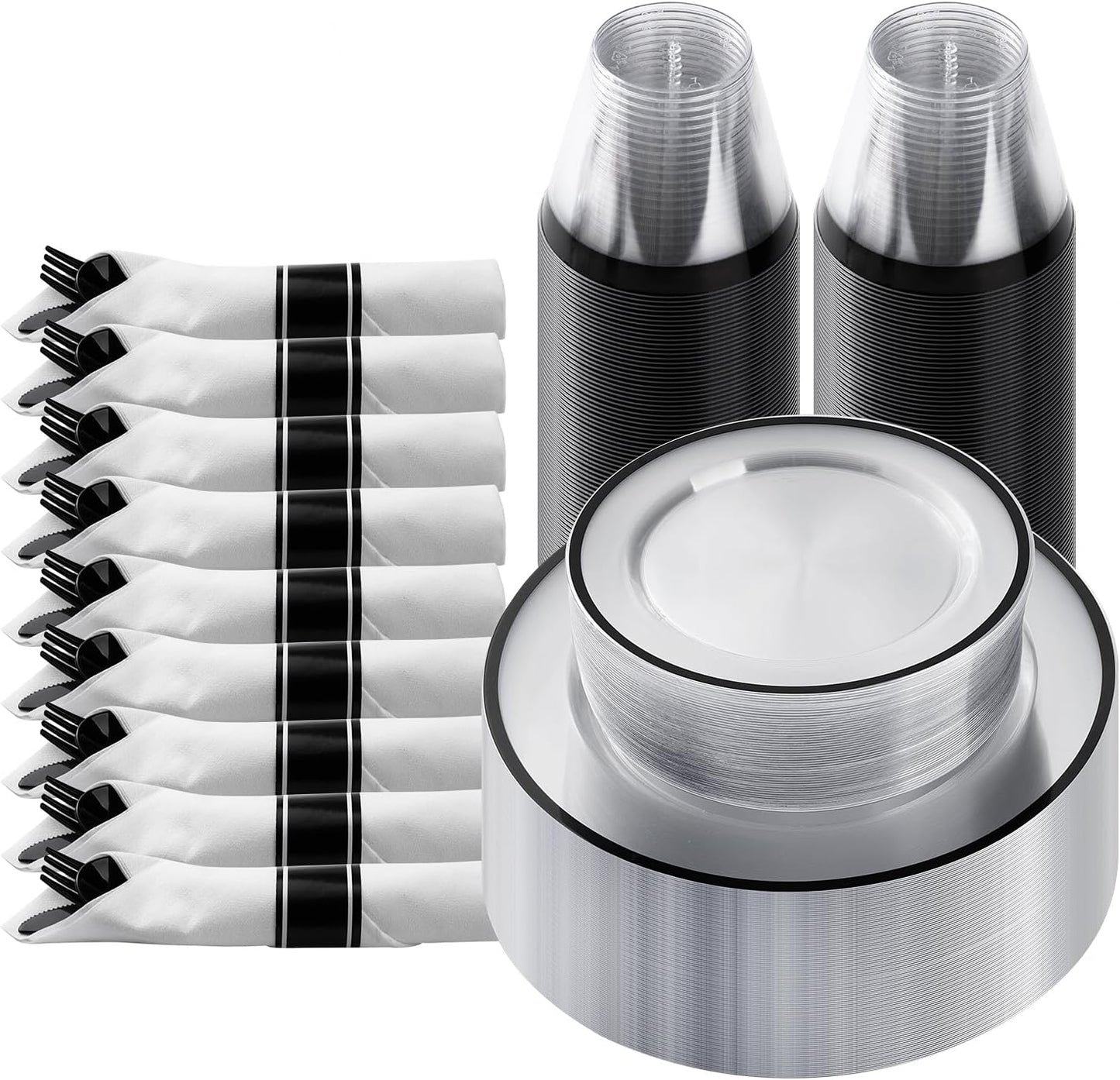 Goodluck 175 Piece Black Plastic Dinnerware Set for Party, Clear Disposable Plates for 25 Guests, Include: 25 Dinner Plastic Plates, 25 Dessert Plates, 25 Pre Rolled Napkins with Cutlery Set, 25 Cups