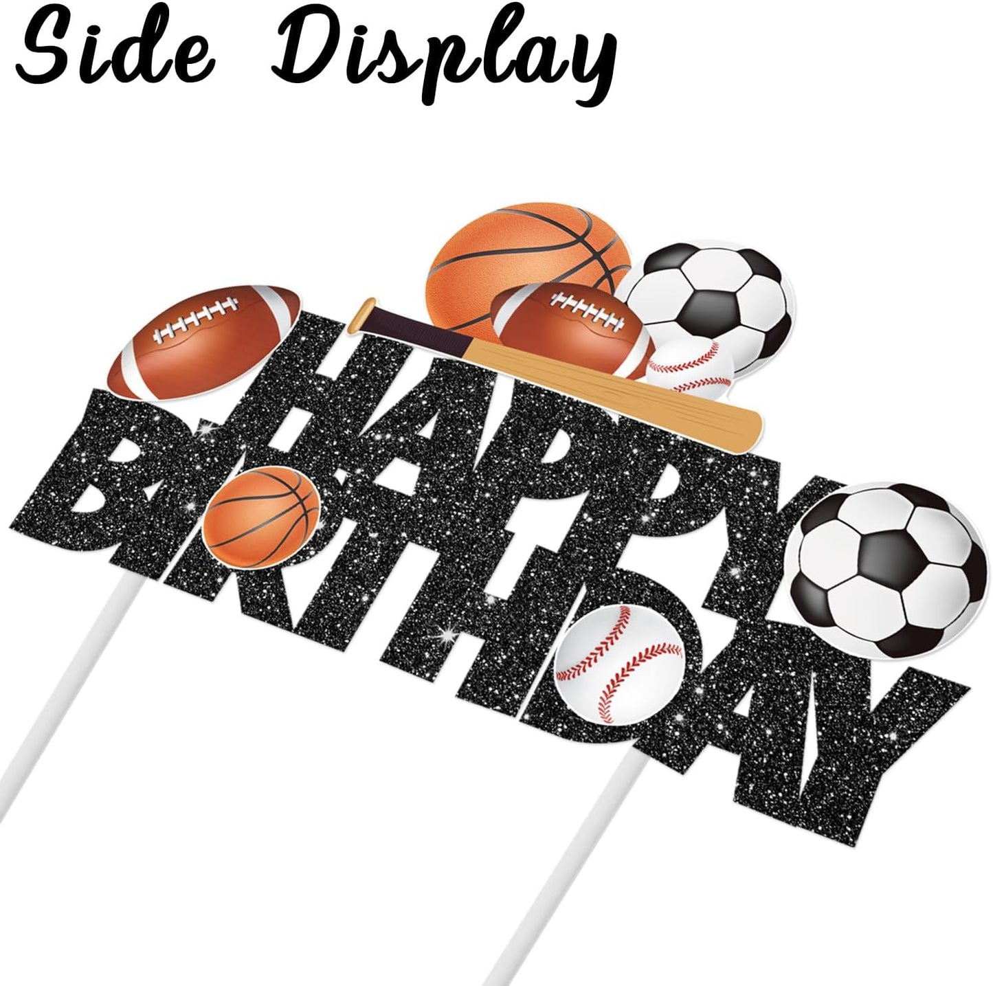 Sports Birthday Cake Toppers Baseball Cake Picks Glitter Black Football Soccer Ball Cake Decorations Rugby Basketball Birthday Decorations for Sports Balls Theme Boys Men Baby Shower Party Supplies