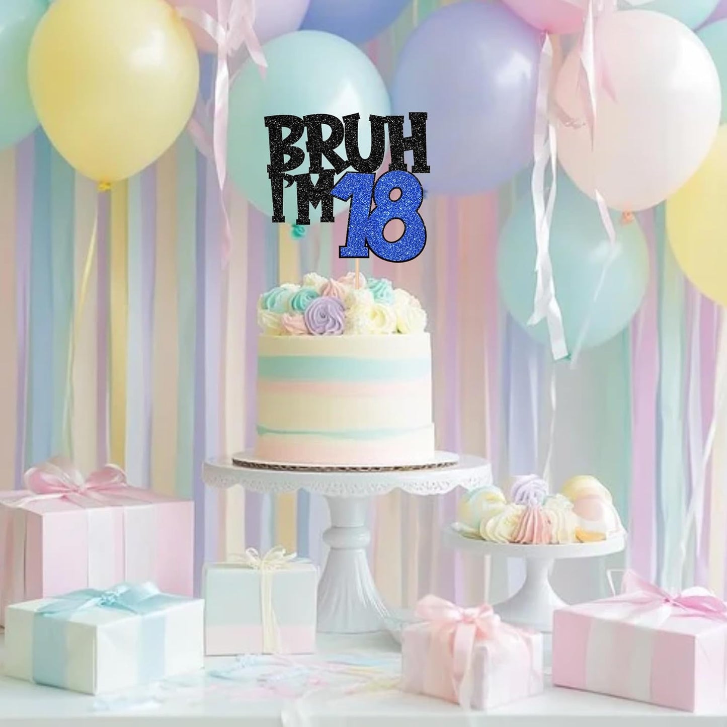 1 PCS Bruh I'm 18 Cake Topper Glitter Happy 18th Birthday Cake Pick Bro I'm 18 Cake Decoration It's My 18th Birthday Decorations for Cheers to 18 Years Old Birthday Anniversary Party Supplies Blue