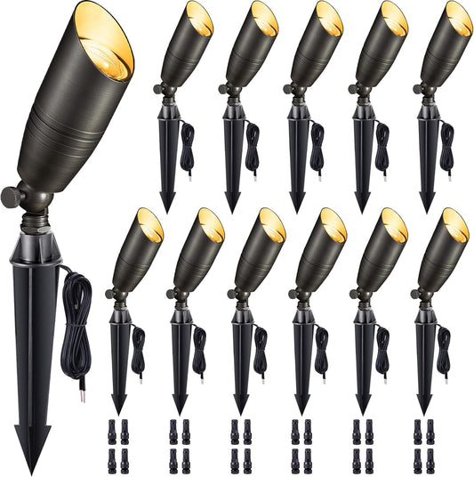 Gardenreet Die-Cast Brass Spot Light Outdoor - 12V LED Uplighting Waterproof, Low Voltage Landscape Lights Bright, Metal Direct Wire Bronze for Fence Fountain Without MR16 Bulbs (12 Pack)