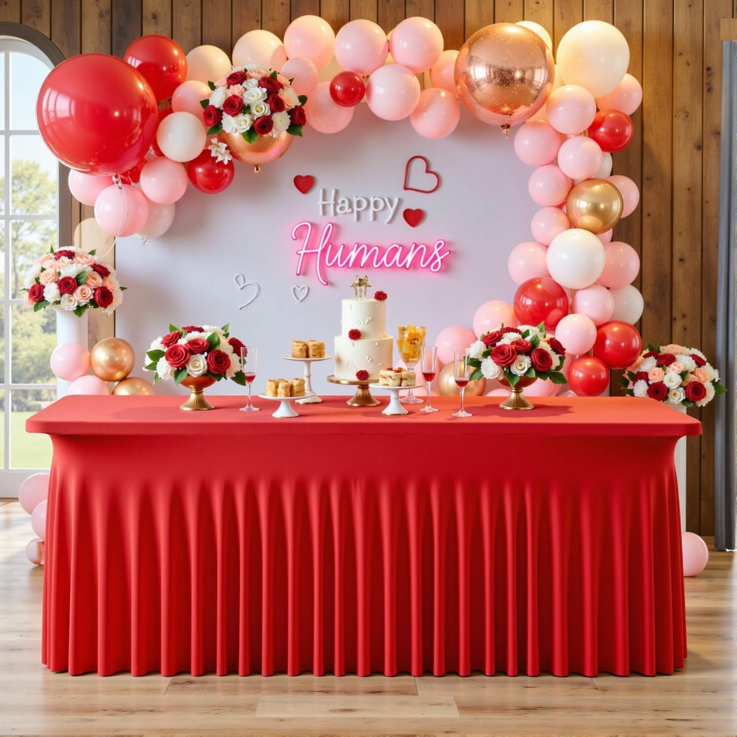 4 pk Red Spandex Tablecloth 6ft with Ruffle Skirt,Wrinkle Free High Stretchy Fitted Tablecloths for 6 Foot Rectangle Tables,Pleated Spandex Table Covers 6ft for Christmas Parties Banquet Weddings