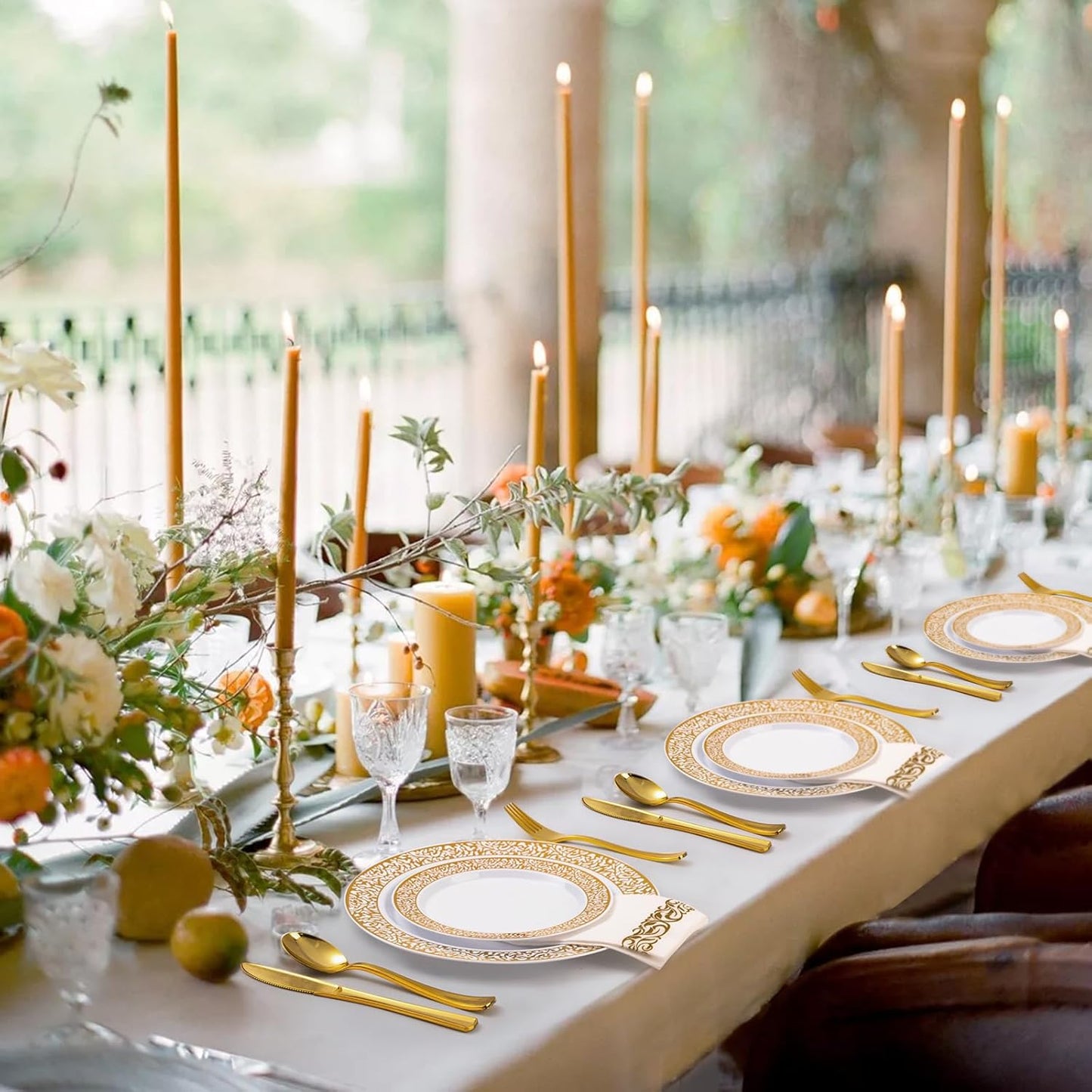 175PCS Gold Plastic Dinnerware Set for 25 Guests, Disposable Plates for Party, Wedding and Dinner, Include 25 Dinner Plates, 25 Dessert Plates, 25 Set Silverware, 25 Cups, 25 Napkins