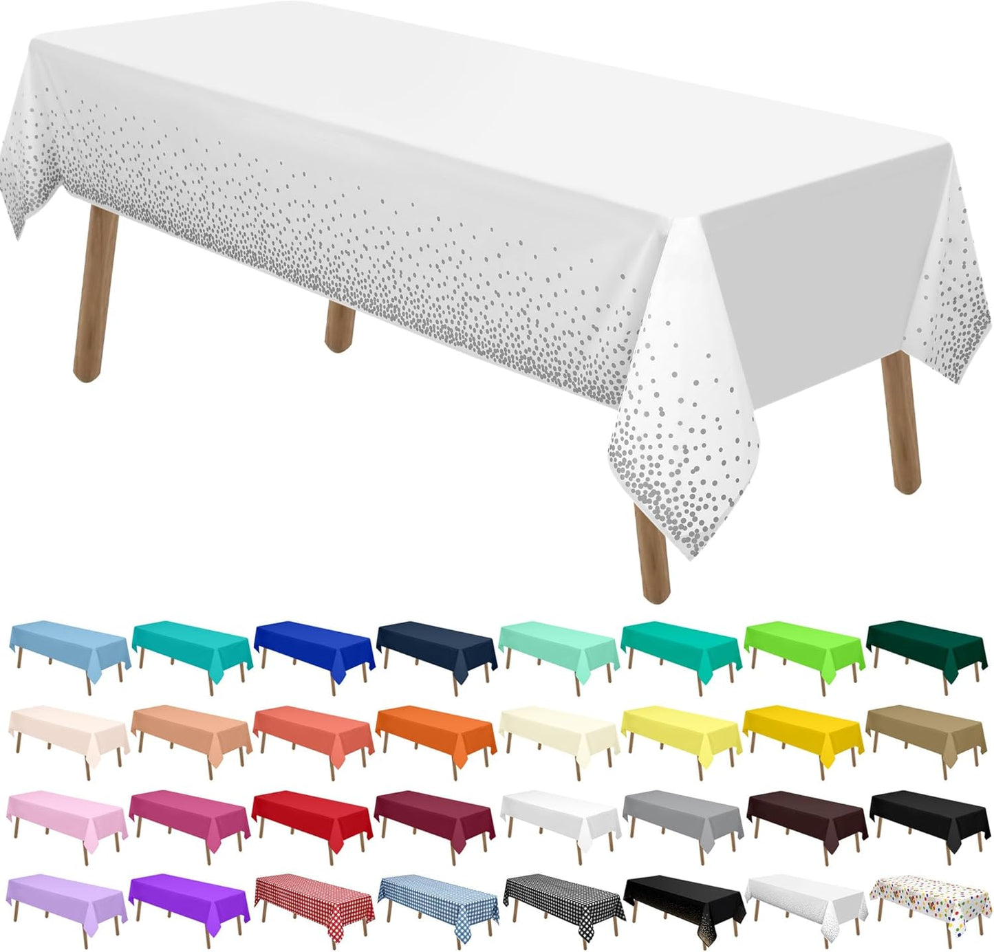 PARTY ULYJA Silver Polka Dots Confetti Plastic Tablecloths 2 Pack White Disposable Table Covers Bridal Shower 54 x 108 Inch Table Cloths for Picnic Birthday Wedding Parties 8 ft Rectangle Table