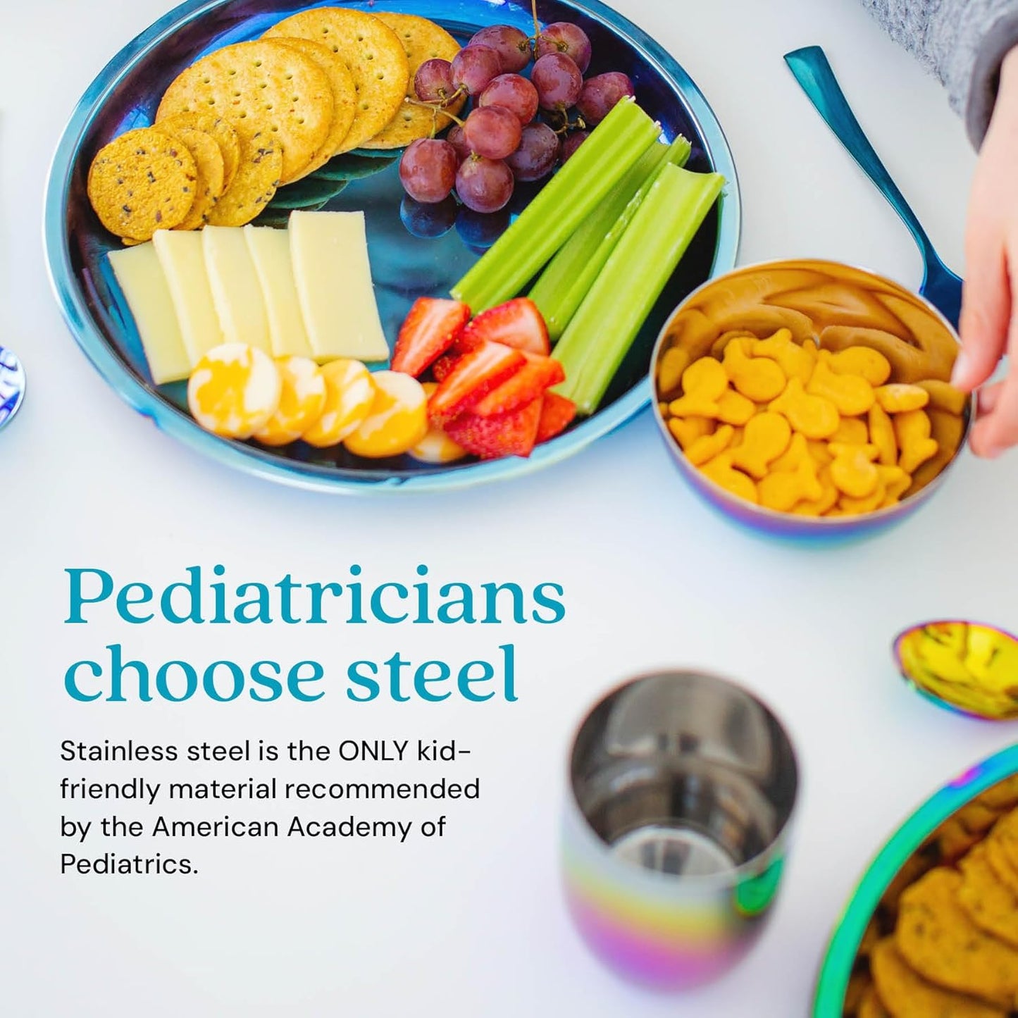 Ahimsa Stainless Steel Kids Plates - 9" Round Blue Toddler Plates, Non Toxic Plate, BPA Free & Dishwasher Safe (Single)