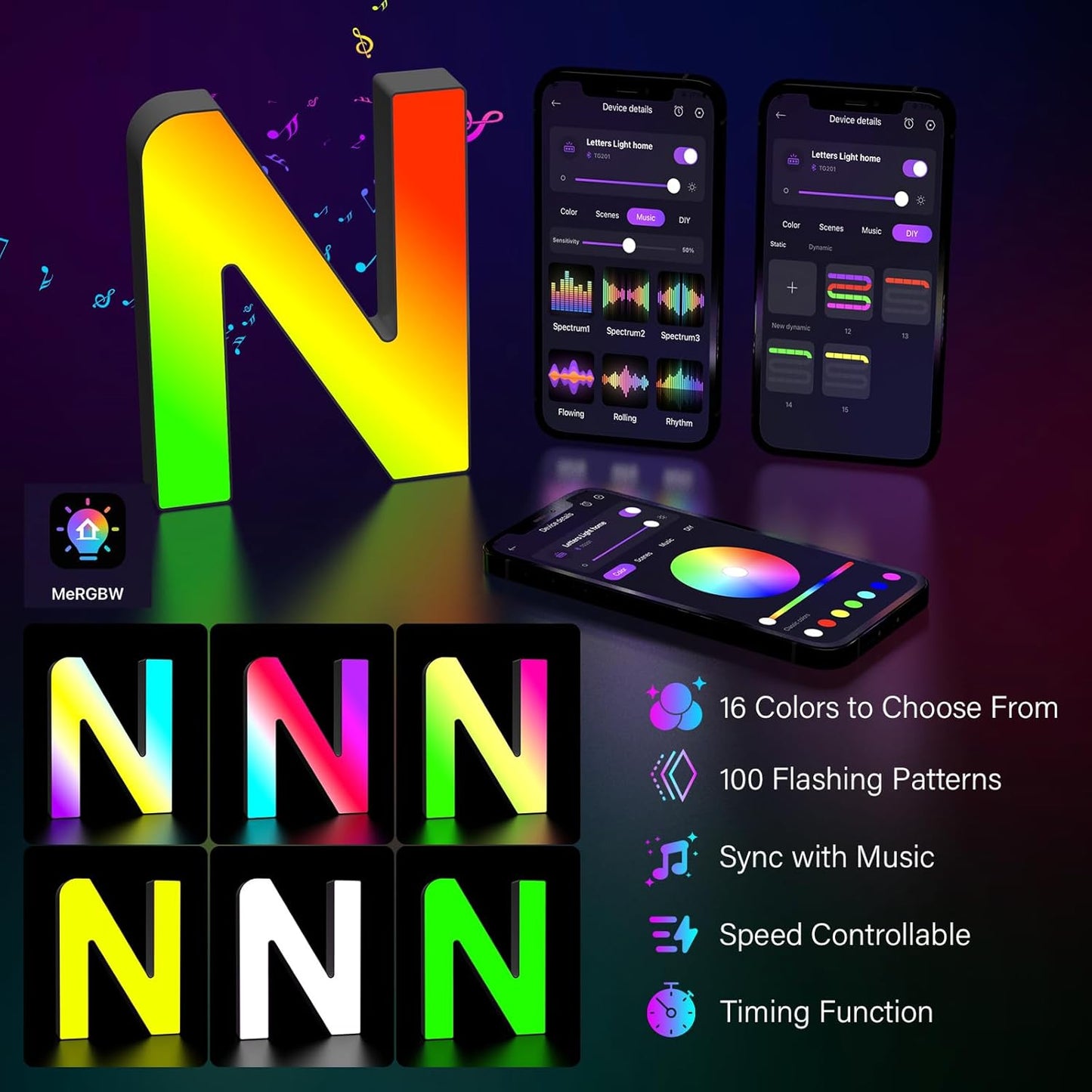 Light Up Letters Marquee Letter - Music Sync RGB Color Changing LED Lights Letter Logo Game Lights for Girls Women Party Birthday Christmas Valentine's Day Wall Desktop Decoration (MRGB-N)