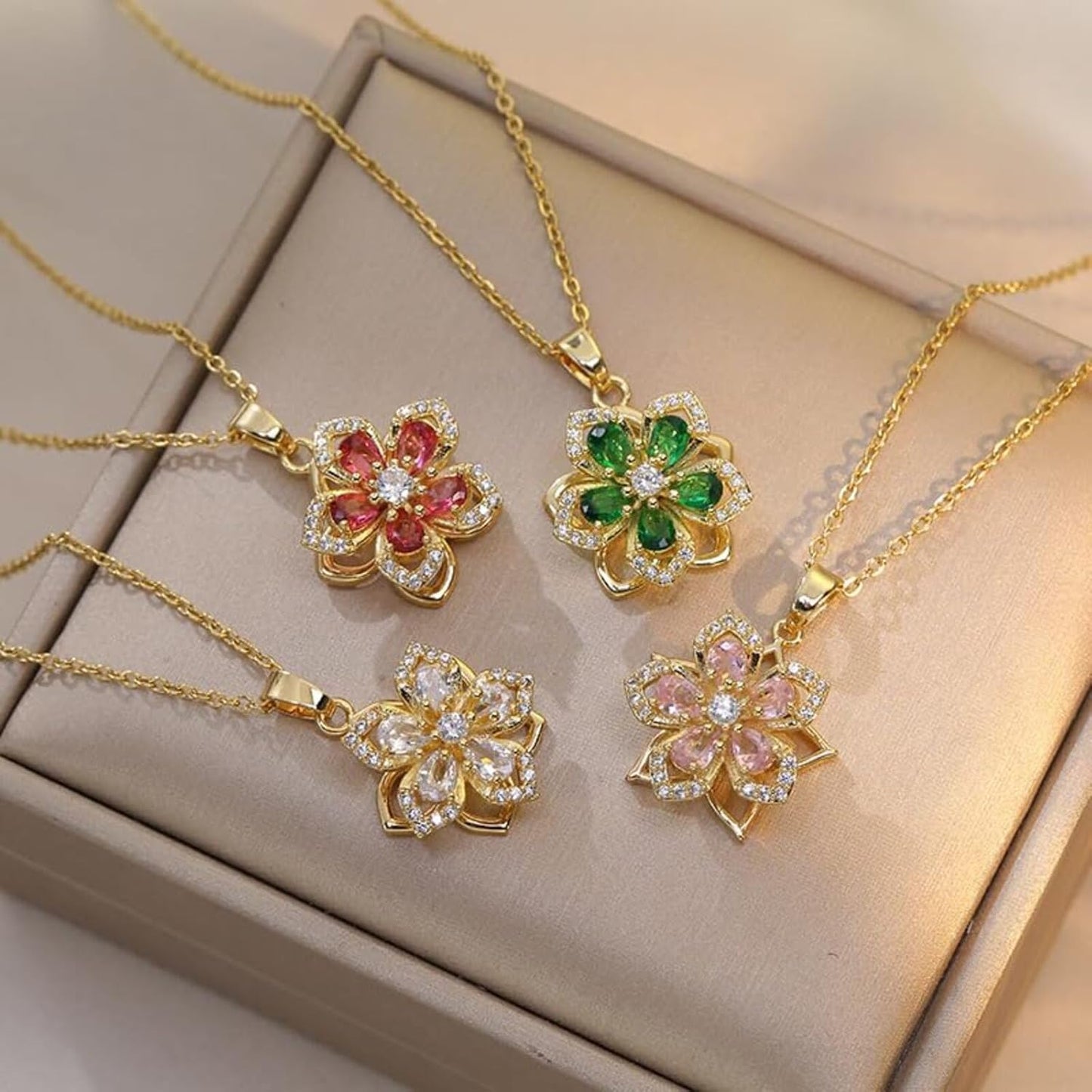 Necklace for Women Gold Flower Fidget Necklace Rotatable Crystal Silver Blossom Pendant Necklaces Adjustable Spinning Fidget Necklaces Redbud Flower Choker Funny Gift Jewelry