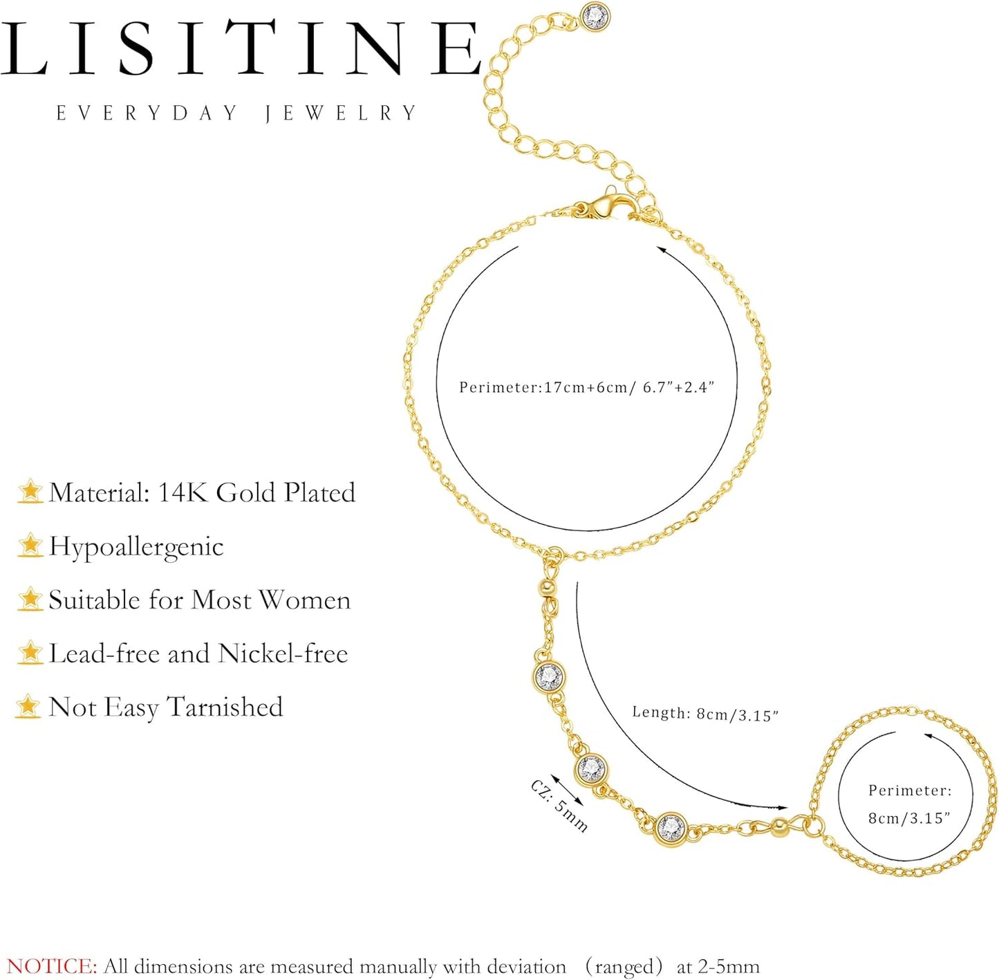 Listine Hand Chain Bracelet 14K Gold Plated Ring Bracelet Hand Chain Trendy Stuff for Women Dainty Hand Bracelets with Finger Ring Hand Jewelry for Women