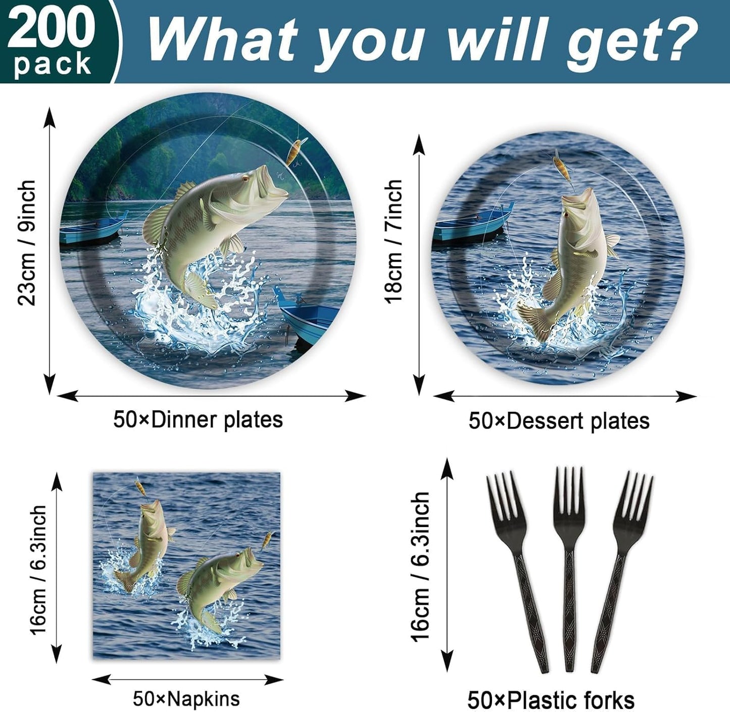 ZOIIWA 200 PCS Gone Fishing Tableware Disposable Paper Plates Napkins Fishing Tournament Birthday Party Supplies Dinnerware Set Napkins Party Decoration Serve 50 guest