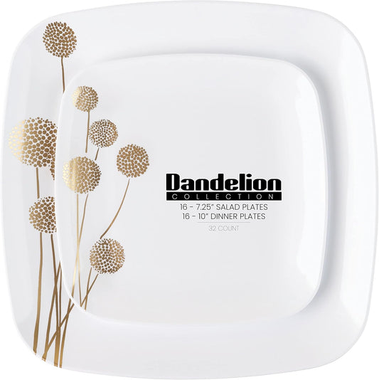 PLASTICPRO Square 32 Piece Combo Plates Set includes 16 x 7'' inch Salad Plates & 16 x 10'' inch Dinner Plates White Plastic with Gold Dandelion Design Party Plates, Premium heavyweight
