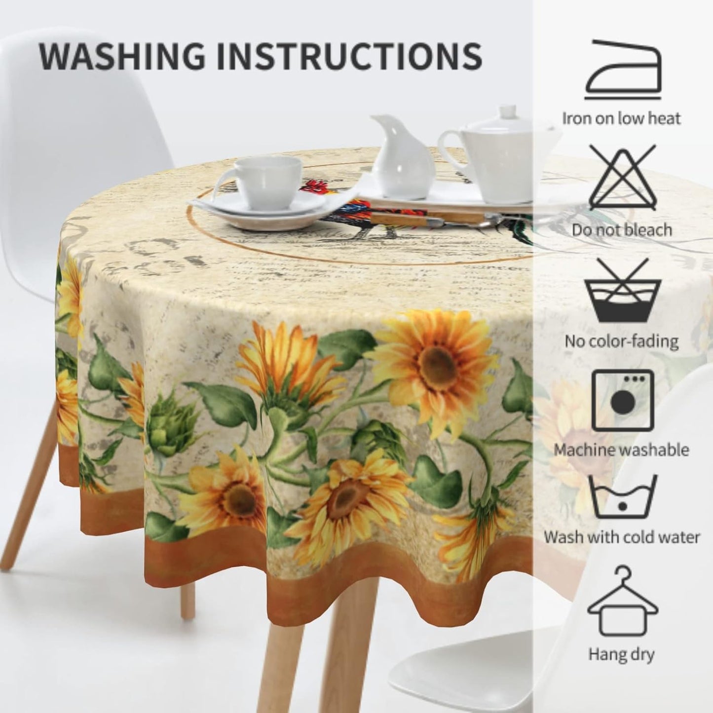 Giwawa Rooster Tablecloth Round 60 inch Vintage Style Chicken Sunflower Table Cover Farmhouse Animal Yellow Floral Decor Table Cloth Heat Resistant Washable for Kitchen Dining Party Indoor Outdoor