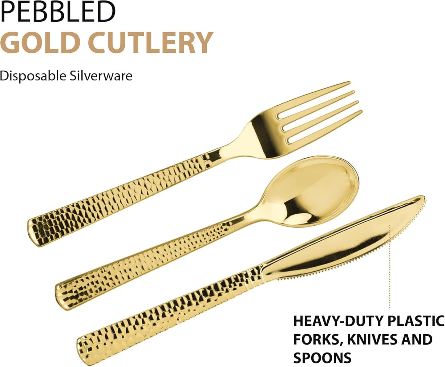 Plastic Cutlery Silverware Extra Heavyweight Disposable Flatware, Full Size Cutlery Combo, Gold Pebbled, 80 Forks, 40 Spoons, 40 Knifes, Value Pack 160 Count