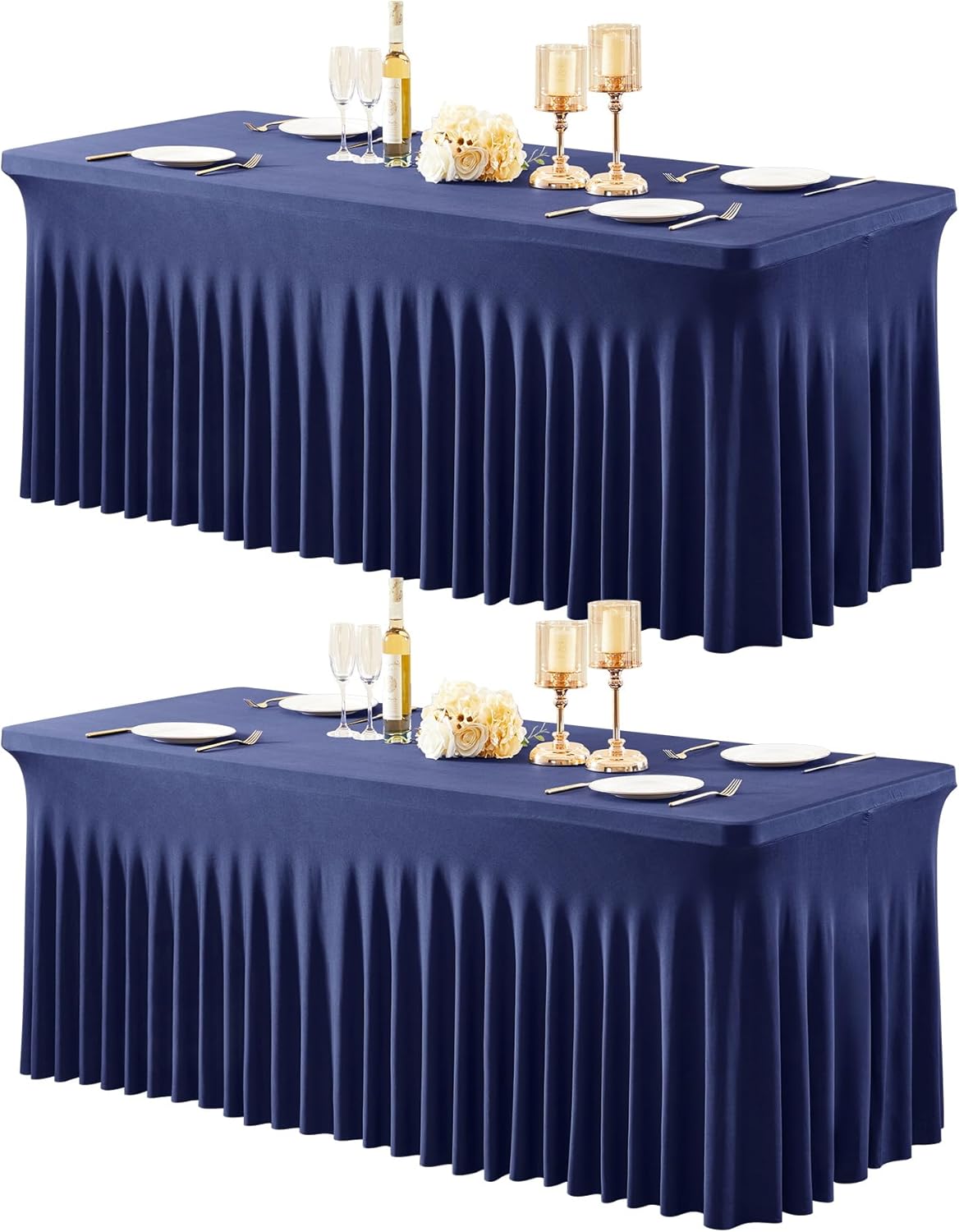 2 Packs Navy Blue Tableclothes for 4 Foot Rectangle Tables, One-Piece Wrinkle Resistant Stretch Spandex Table Covers with Table Skirt for Event Banquet Wedding Birthday Party